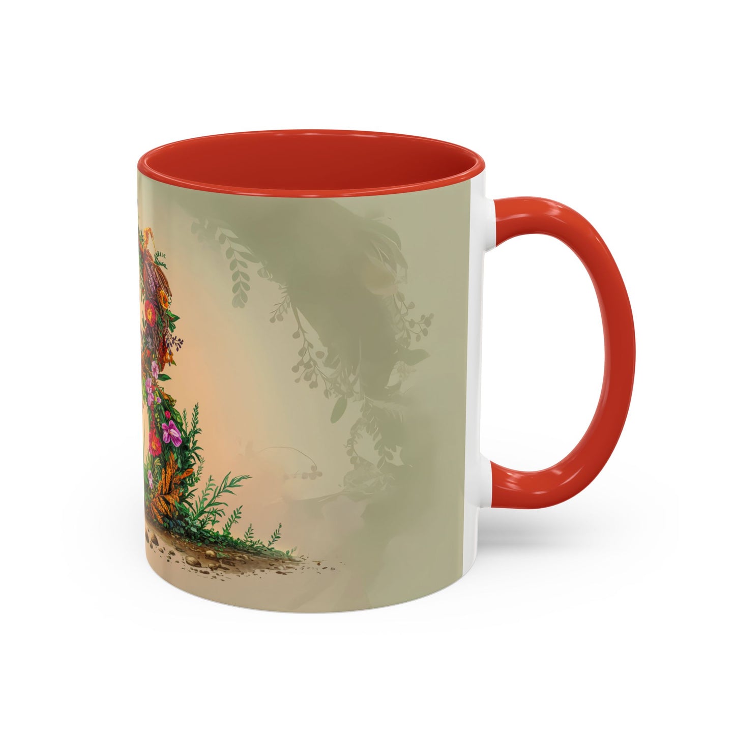 Mug with red interior and handle, featuring a nature-themed design on a beige background