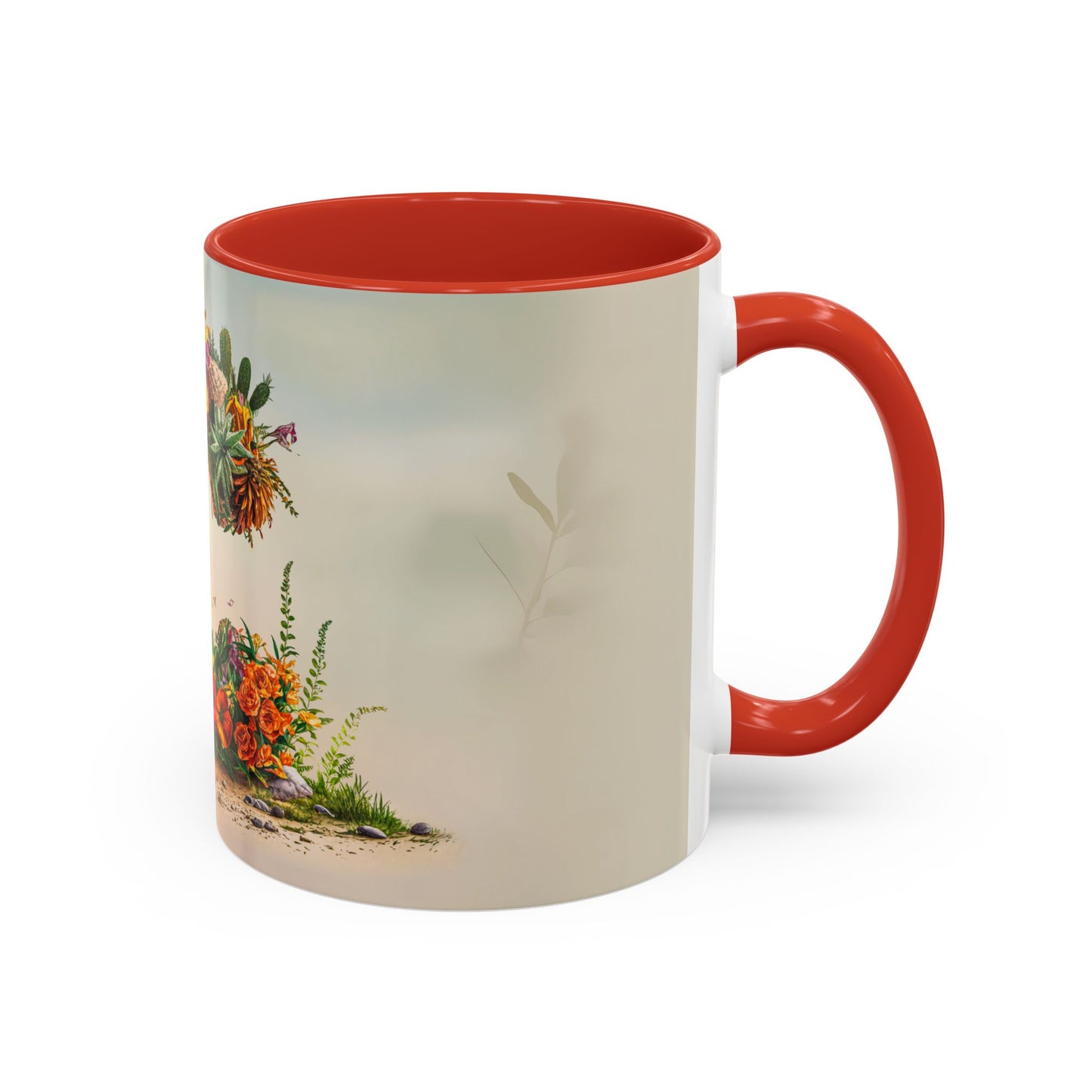 Mug with red interior and handle featuring a floral design on a white background