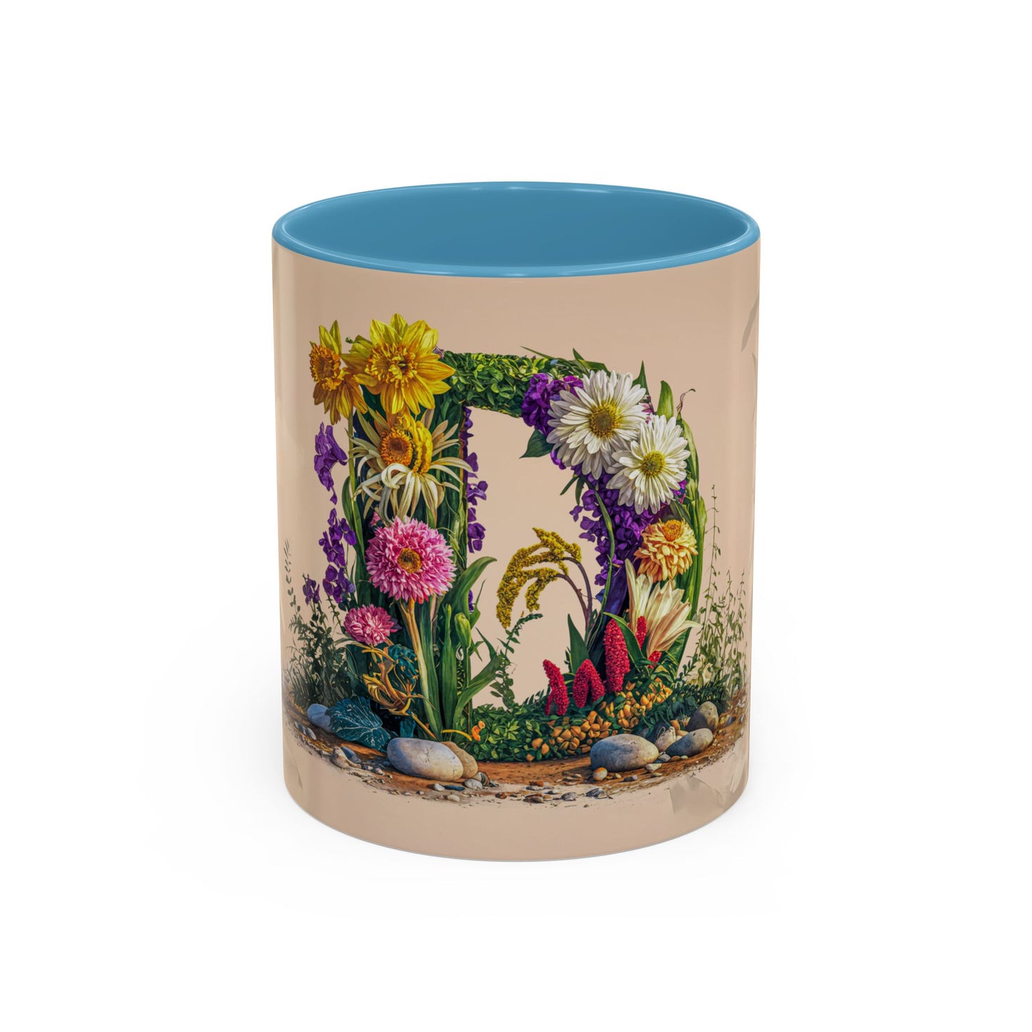 Mug with floral design and blue interior on a white background