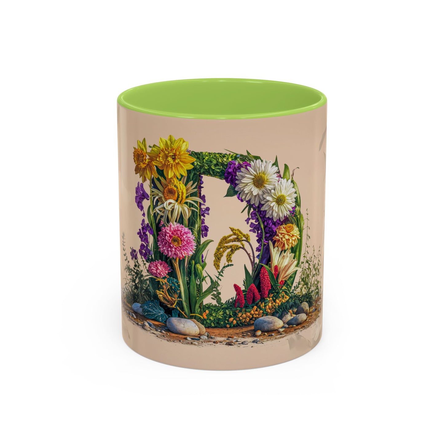 Mug with floral design and green interior on a white background