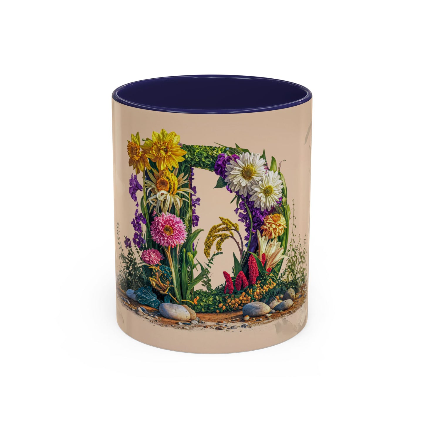 Mug with floral design and blue interior on a white background