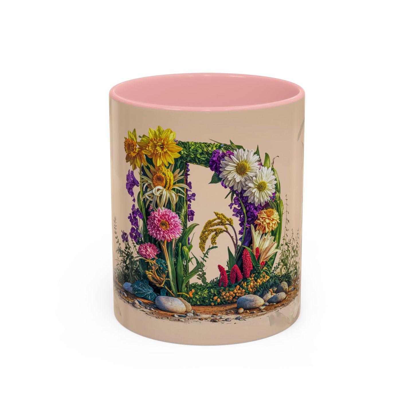 Mug with floral design and pink interior on a white background