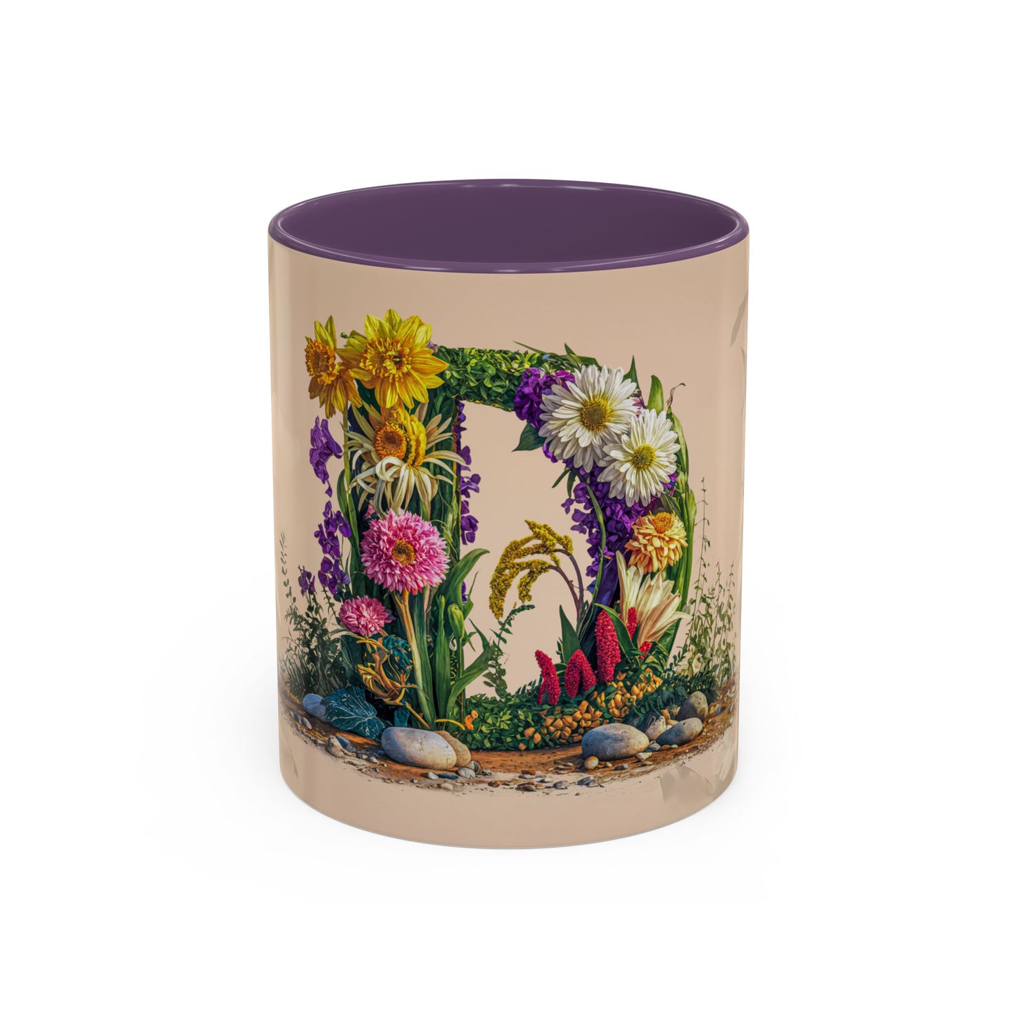 Mug with floral design and purple interior on a white background