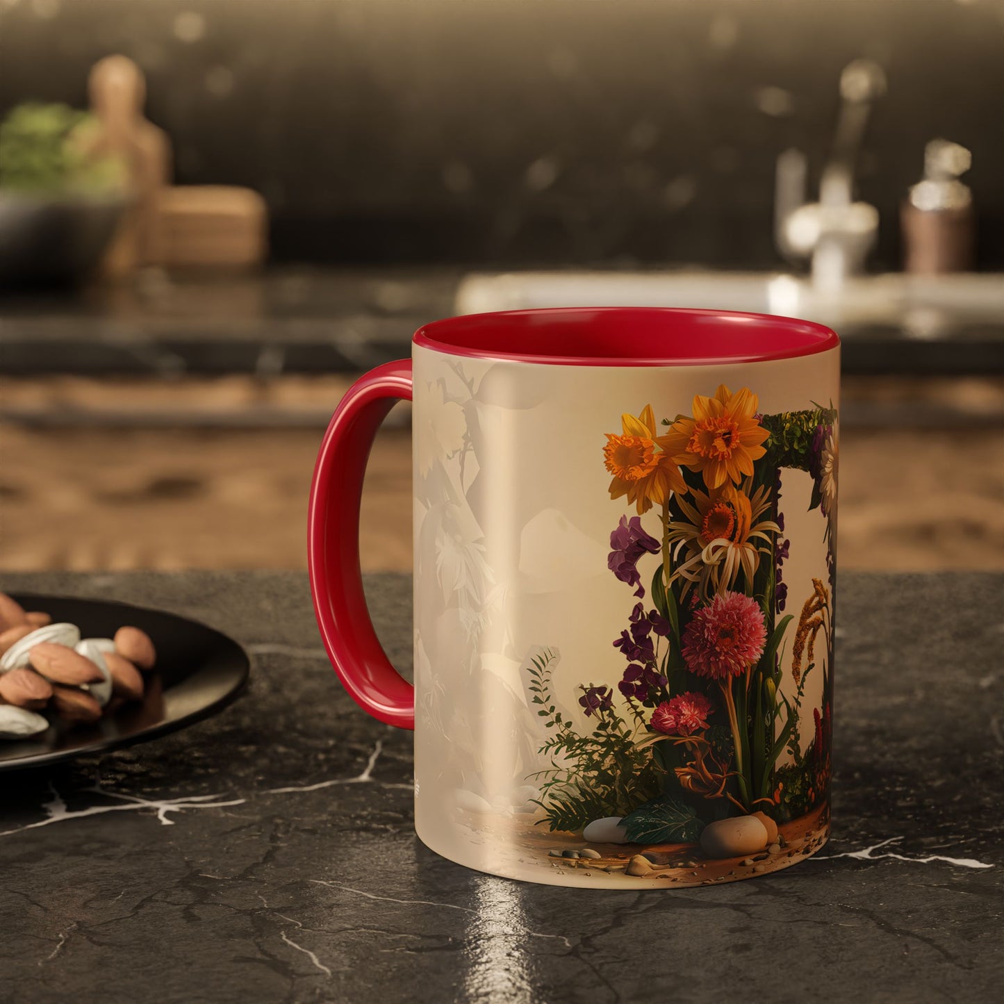 Mug with floral design on a kitchen table