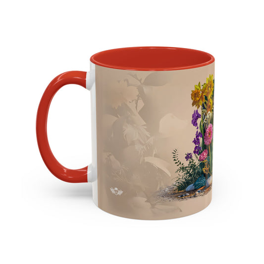 Mug with red interior and handle, featuring a nature-themed design on the exterior.