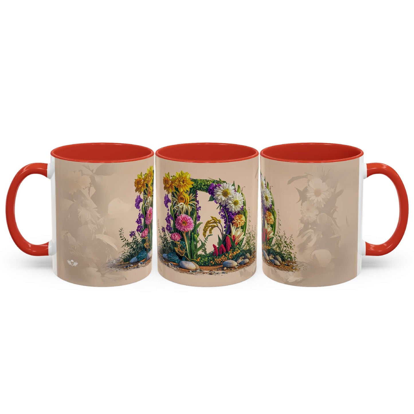 Three mugs with floral designs and red interiors on a white background