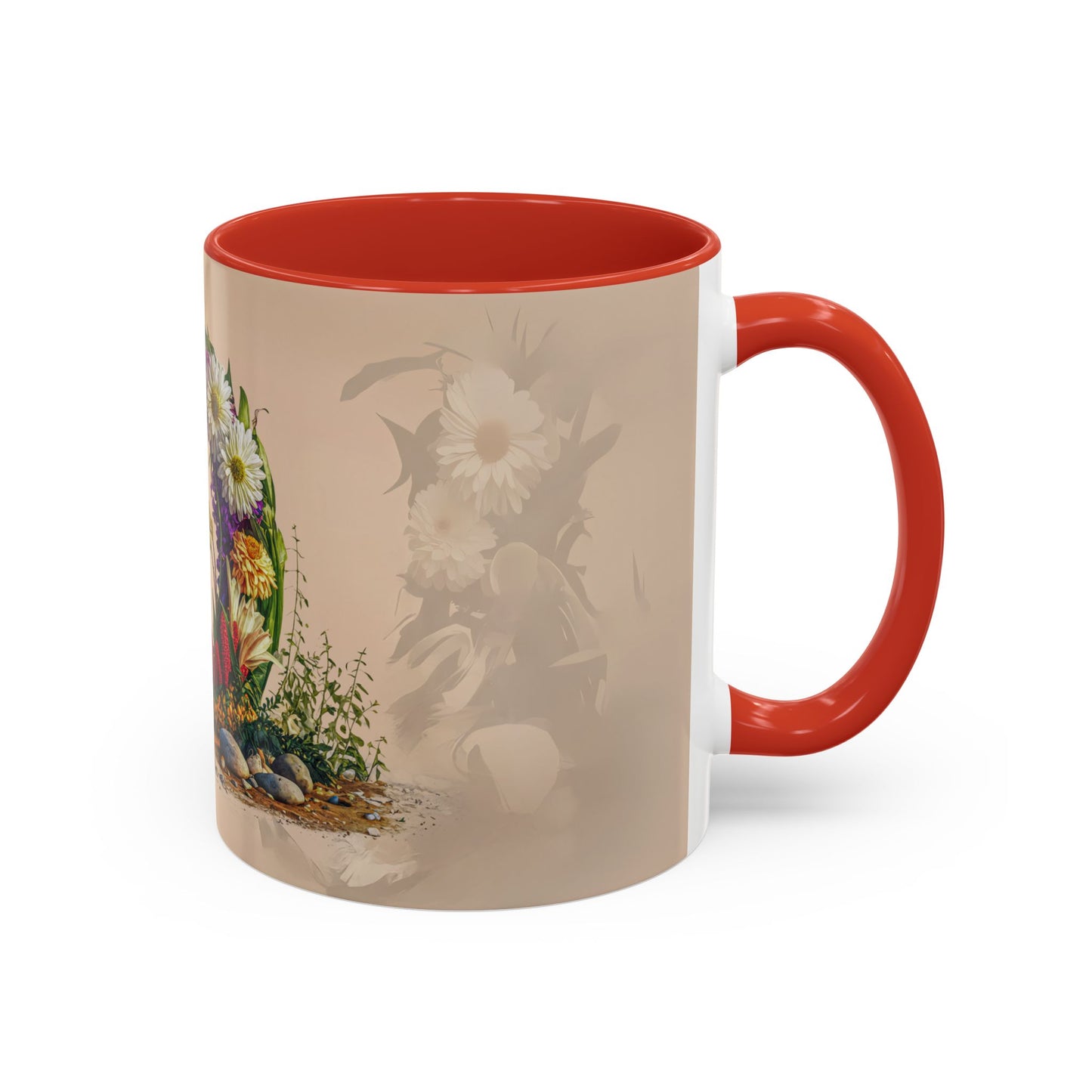 Mug with floral design and red interior and handle on a white background