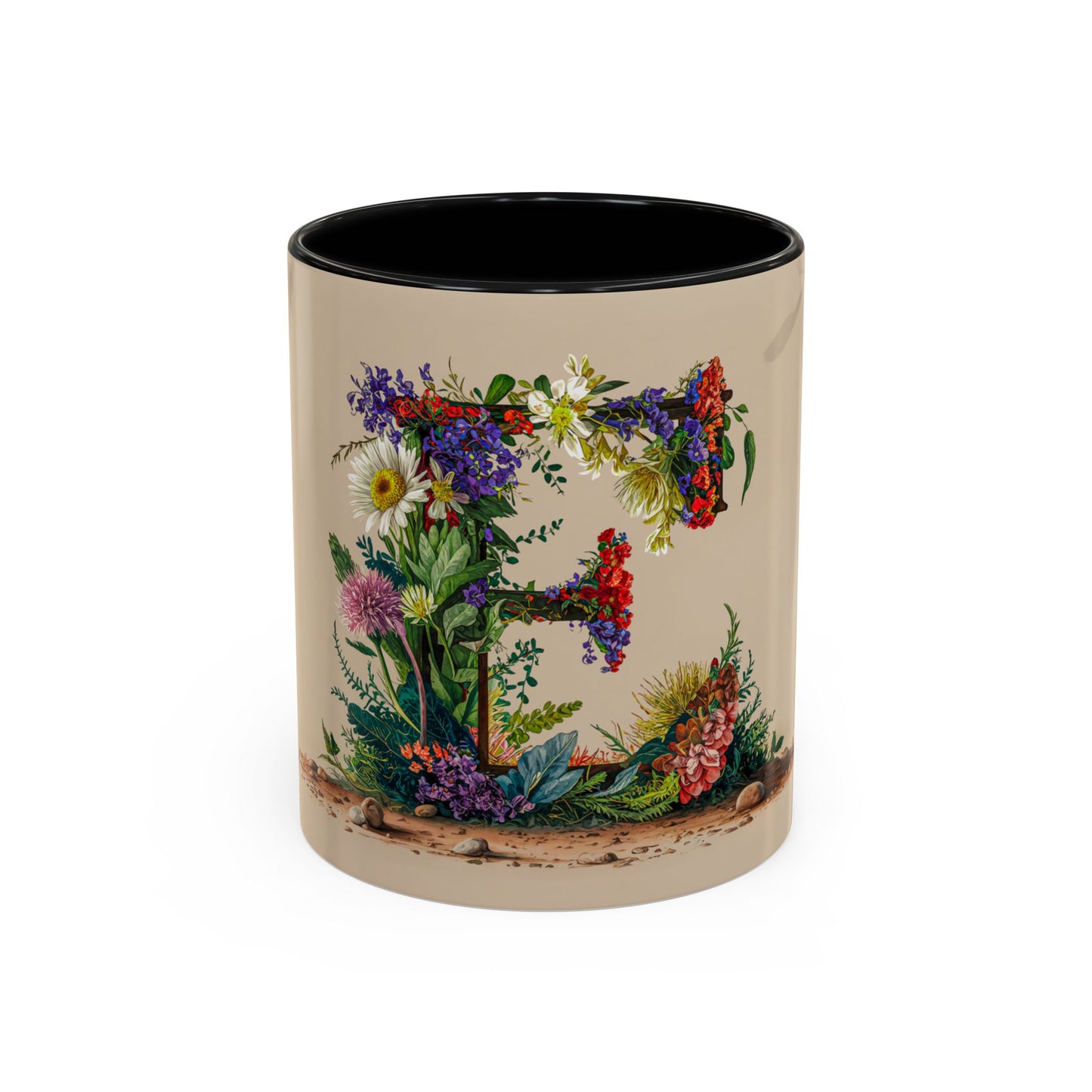 Mug with floral design and letter 'E' on a beige background