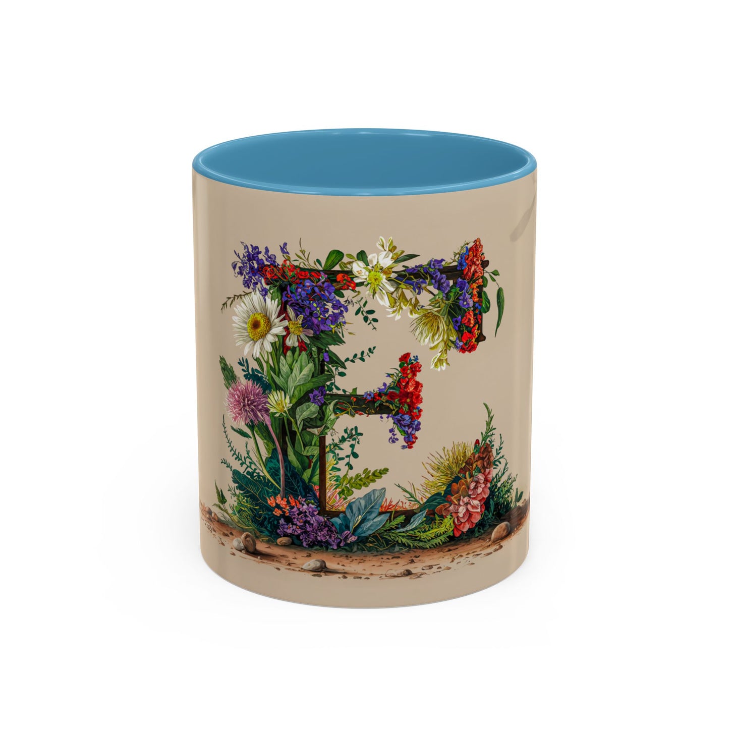 Mug with floral design and blue interior on a white background