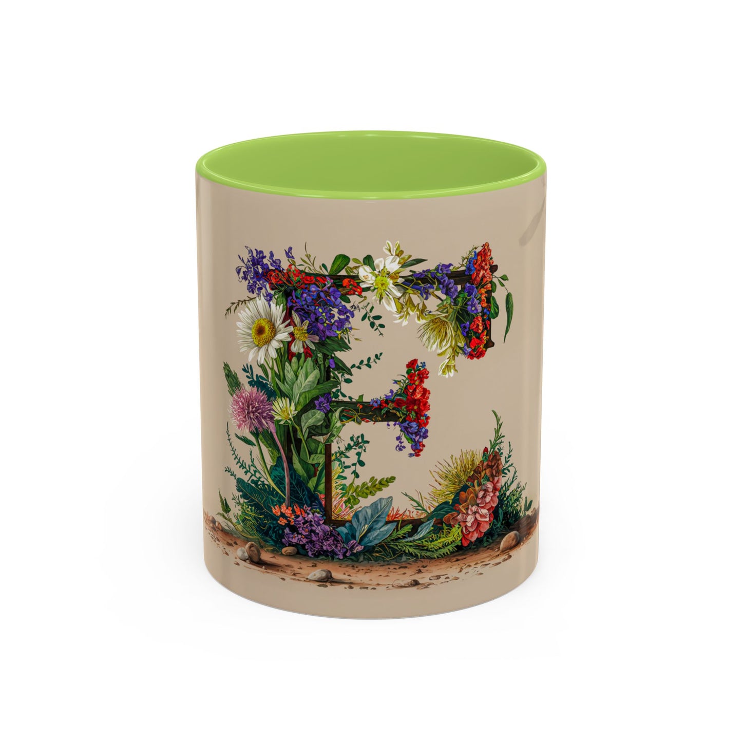 Mug with a floral design and green interior and handle