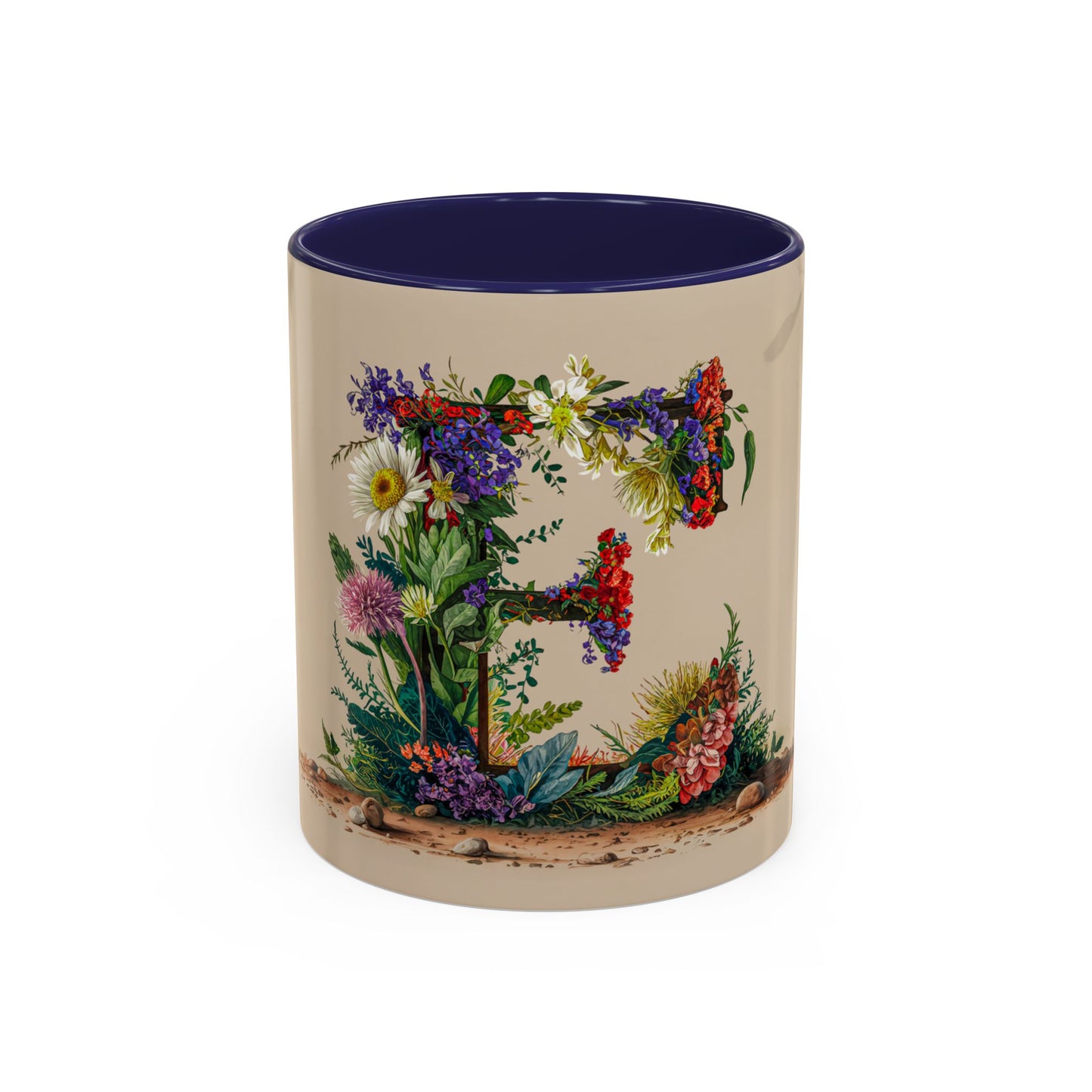 Mug with floral design and letter 'E' on a beige background