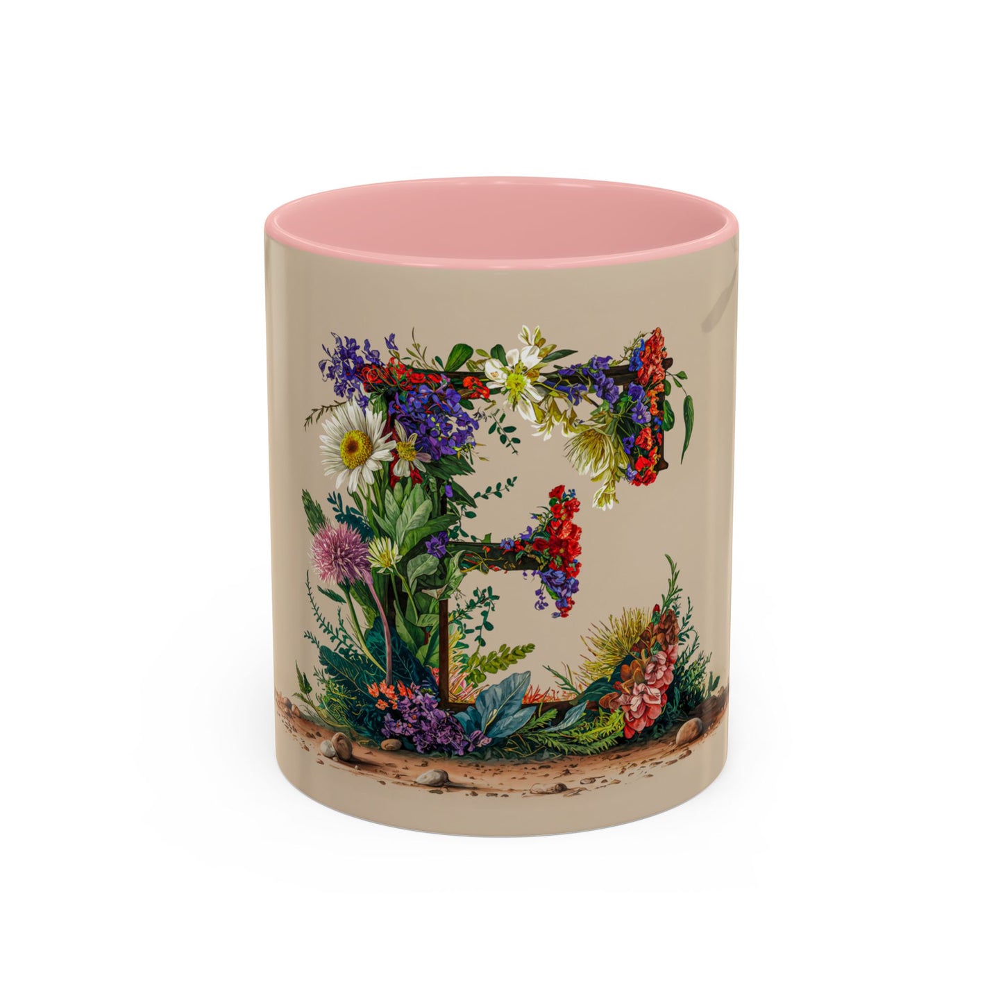Mug with floral design and pink interior and handle