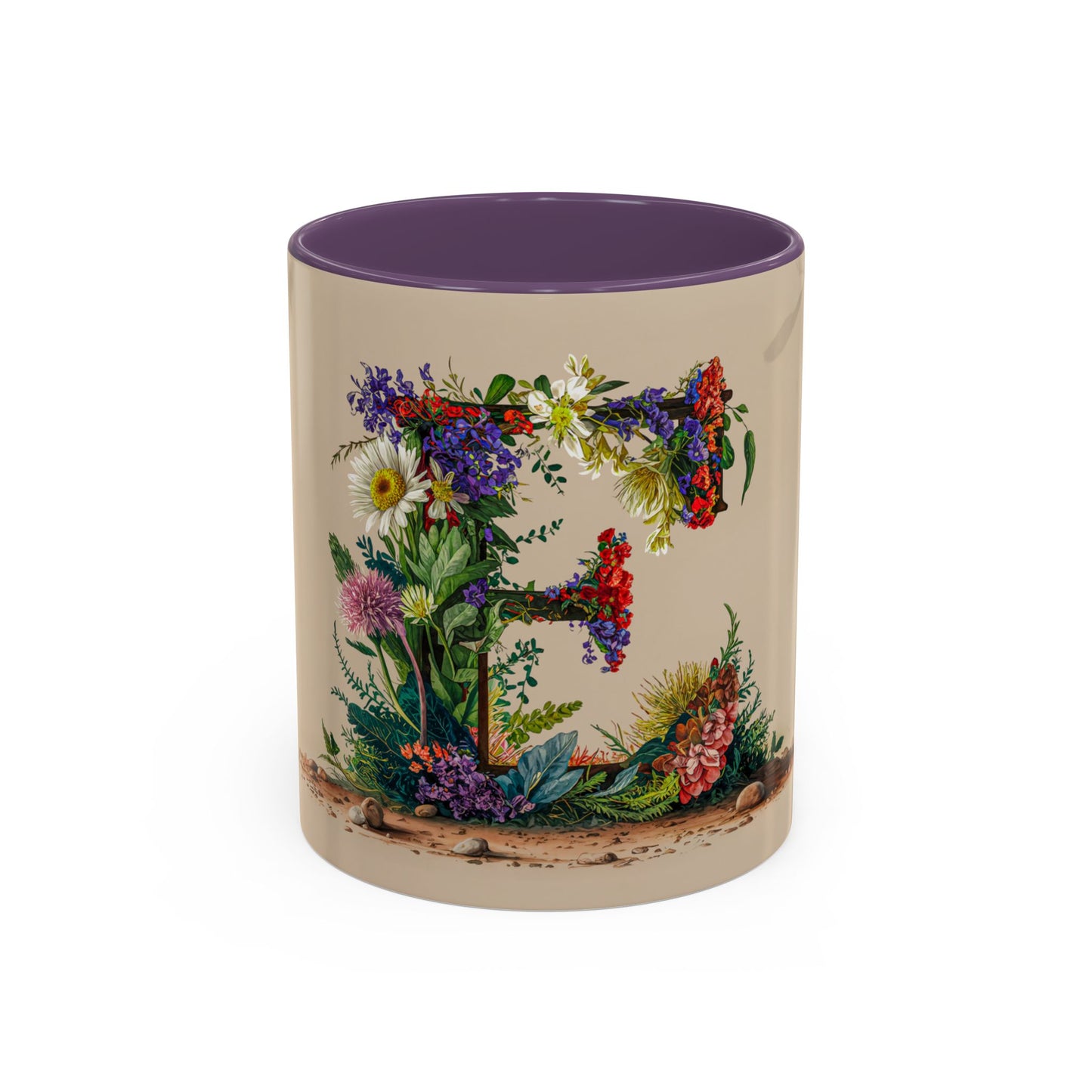 Mug with floral design and purple interior on a white background