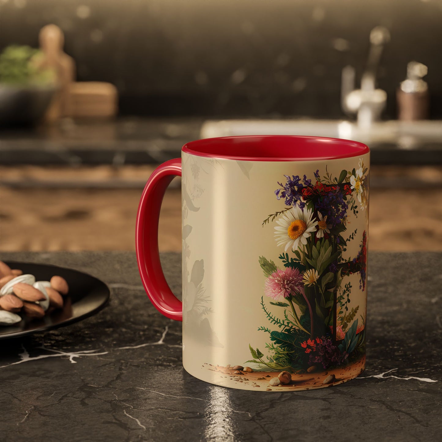 Mug with floral design on a kitchen table