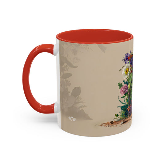 Mug with red interior and handle, featuring a nature-themed design on the exterior.