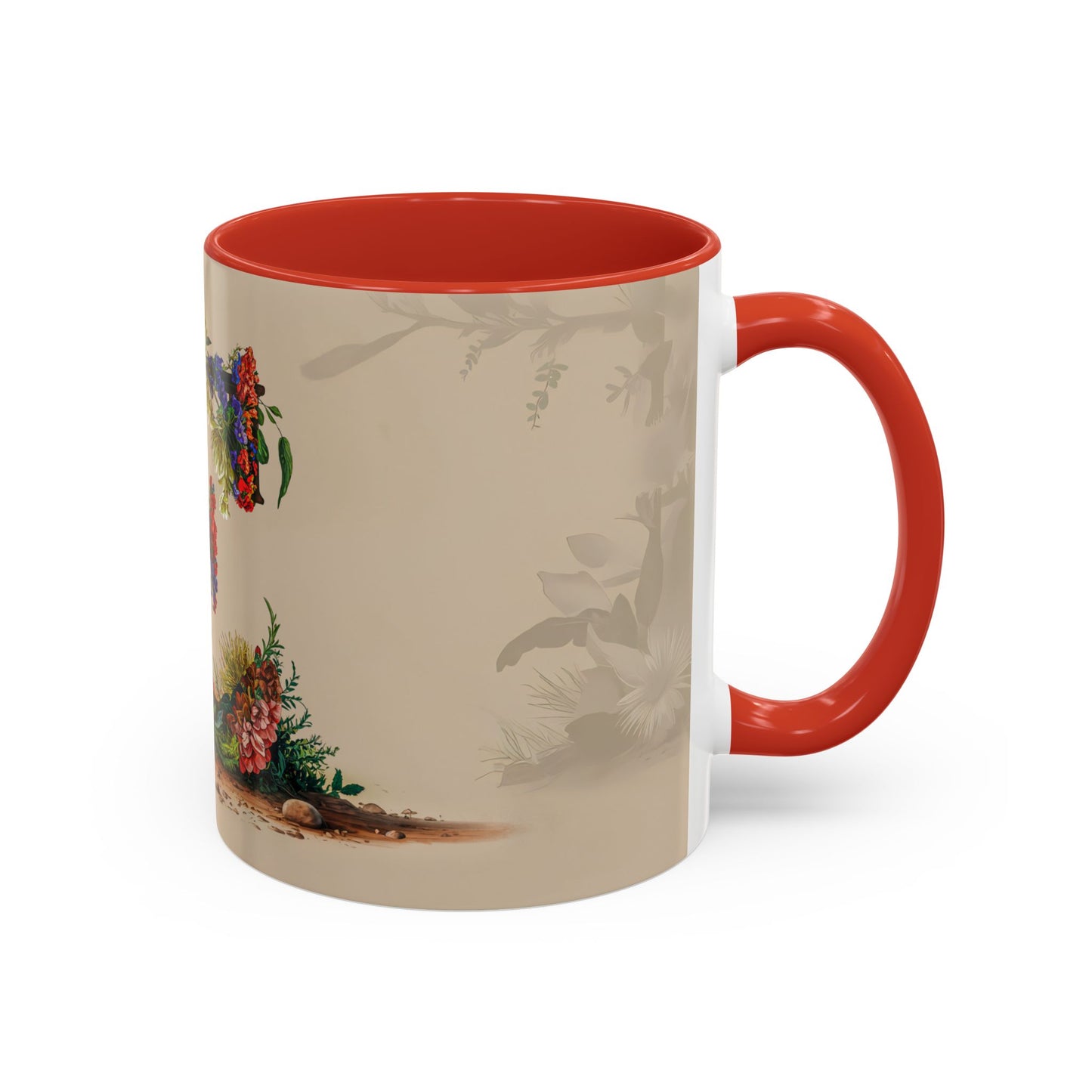 Mug with a floral design and red interior and handle