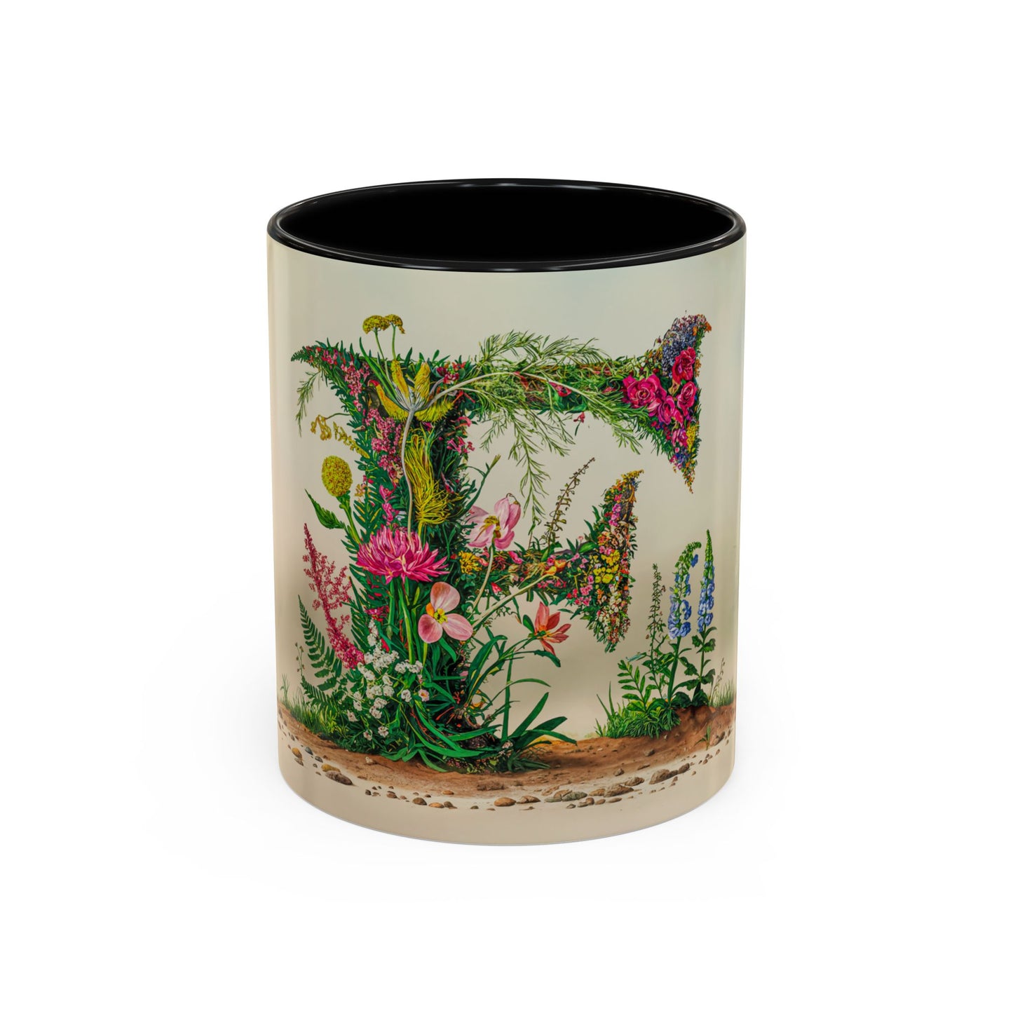 Mug with floral design and letter F on a white background