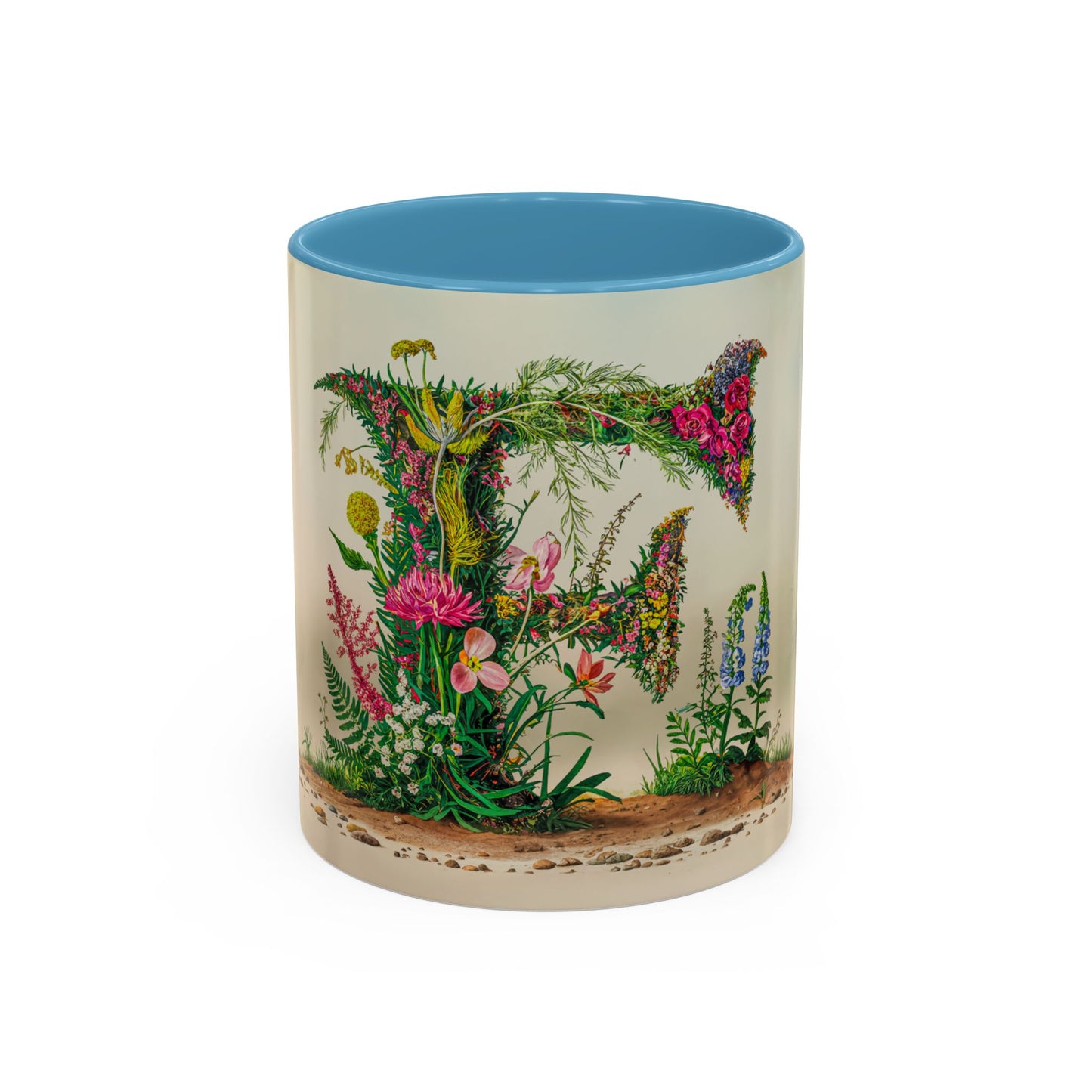 Mug with floral design and letter 'F' on a white background