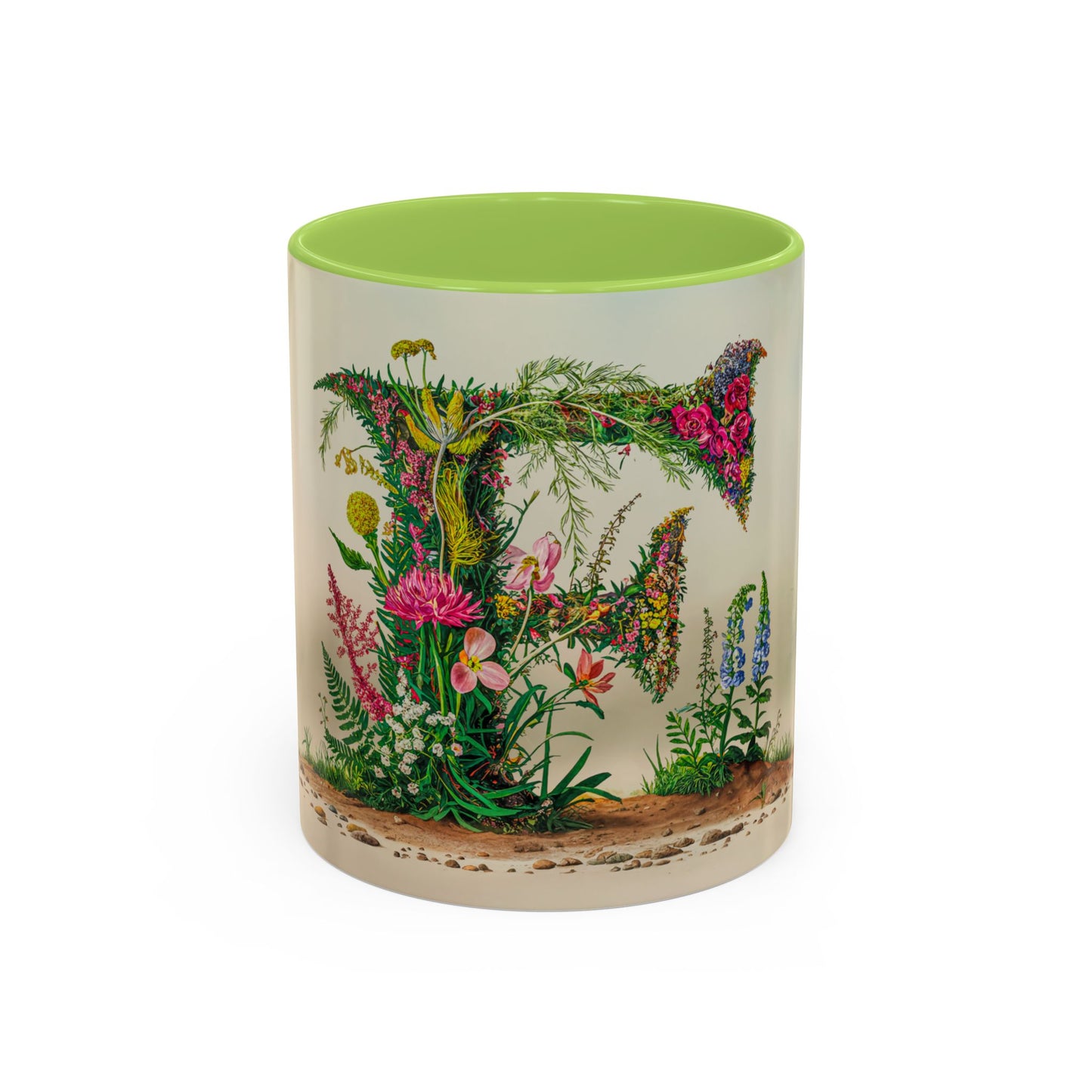 Mug with floral design and green interior on a white background