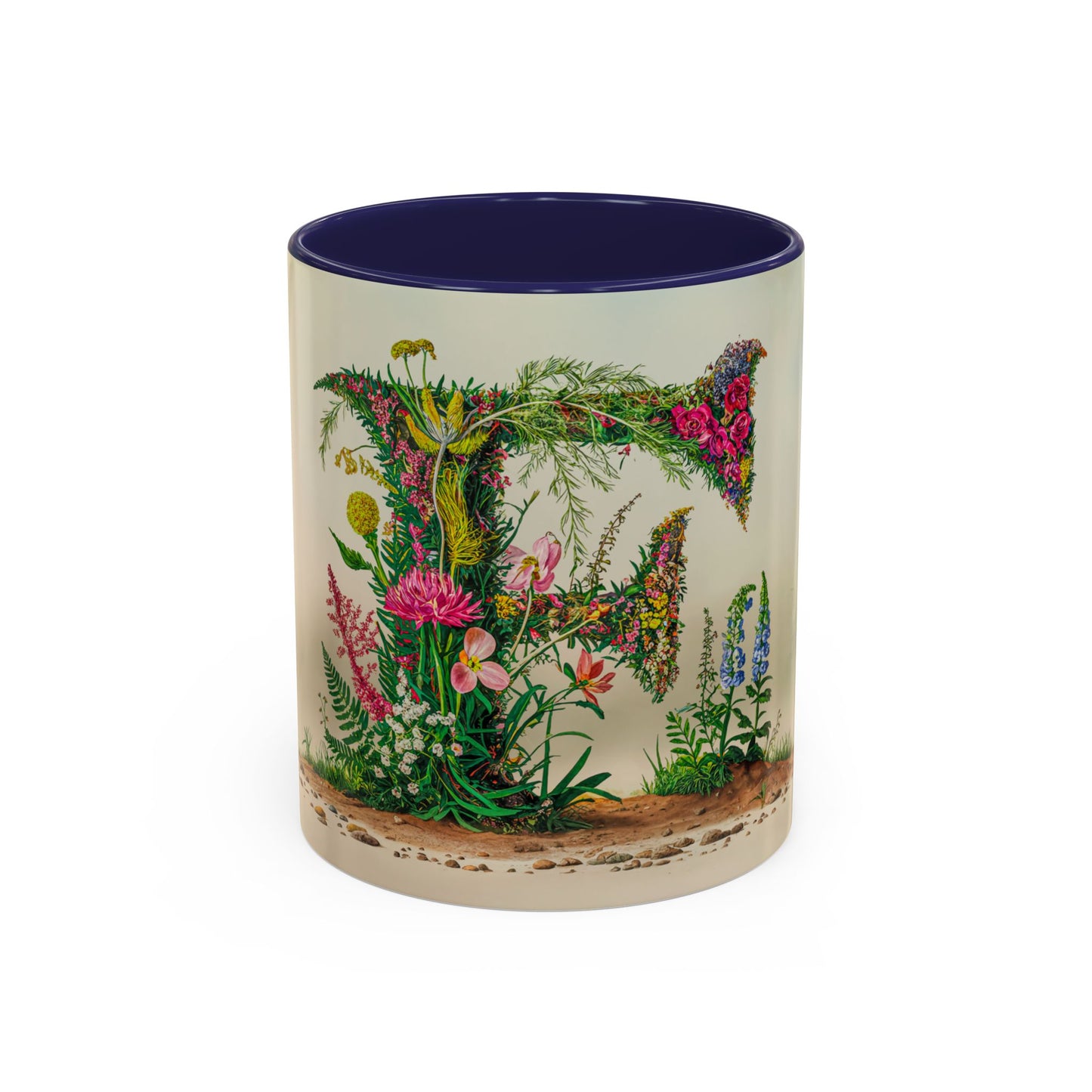 Mug with floral design and letter 'F' on a white background