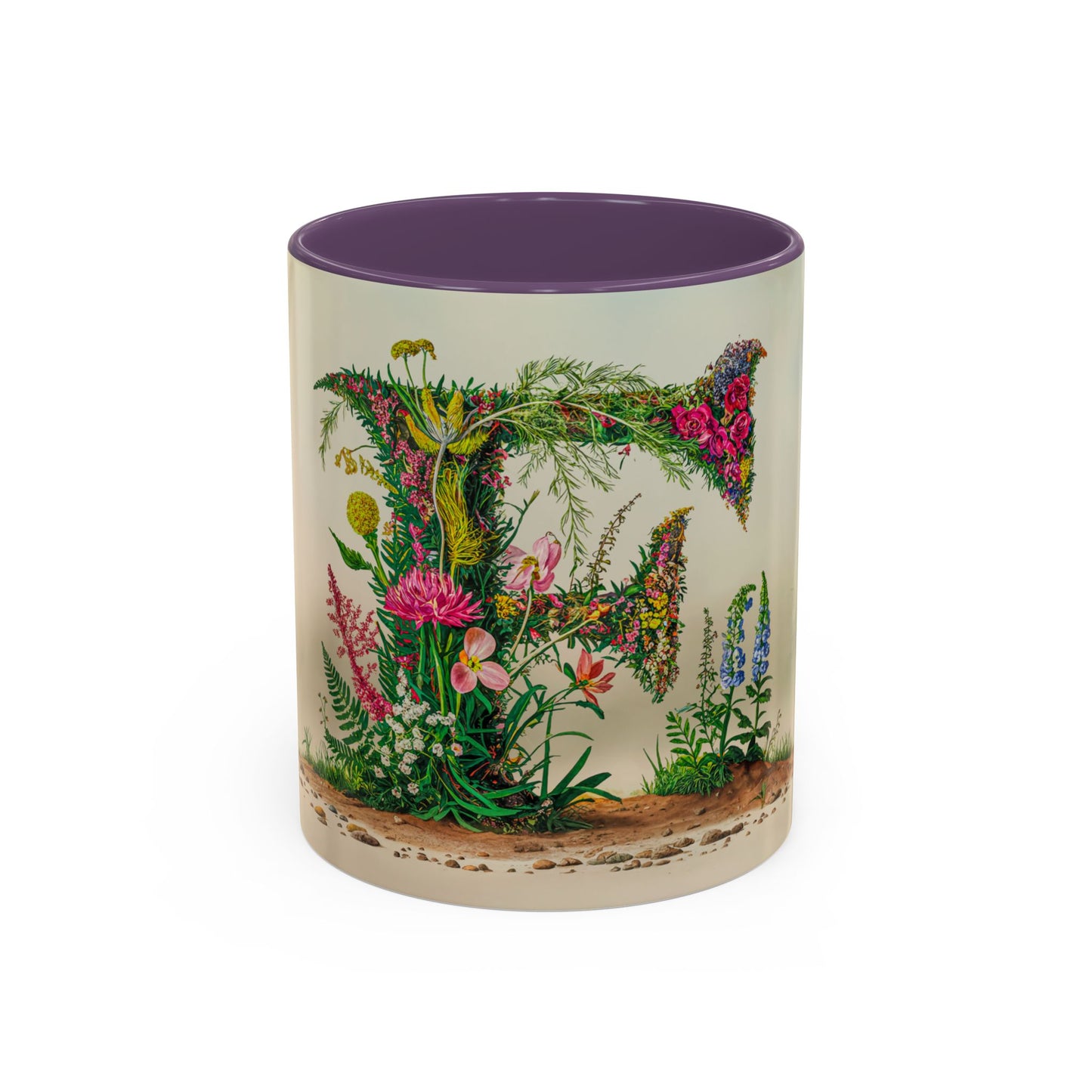 Mug with floral design and letter F' on a white background