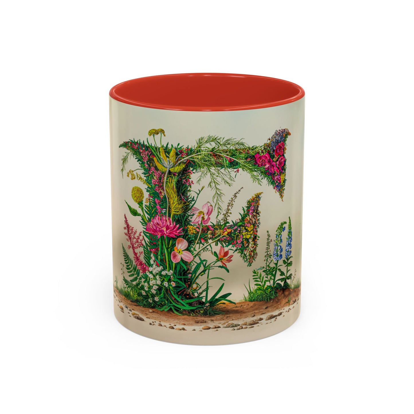 Mug with floral design and letter F' on a white background