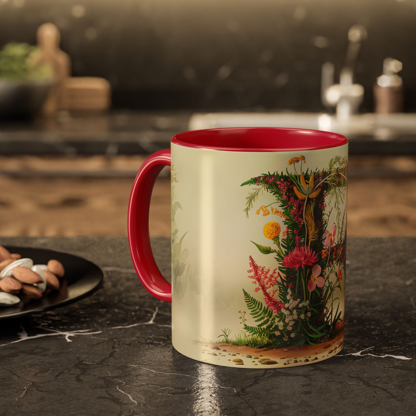 Mug with floral design on a kitchen table