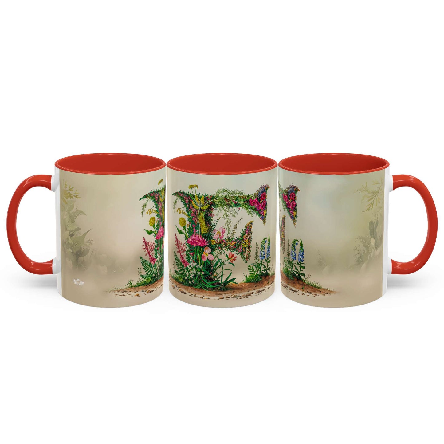 Three mugs with red interiors and handles, featuring nature-themed designs on a white background.