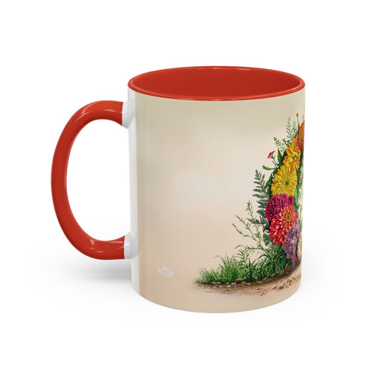 Mug with red interior and handle, featuring a floral design on a white background