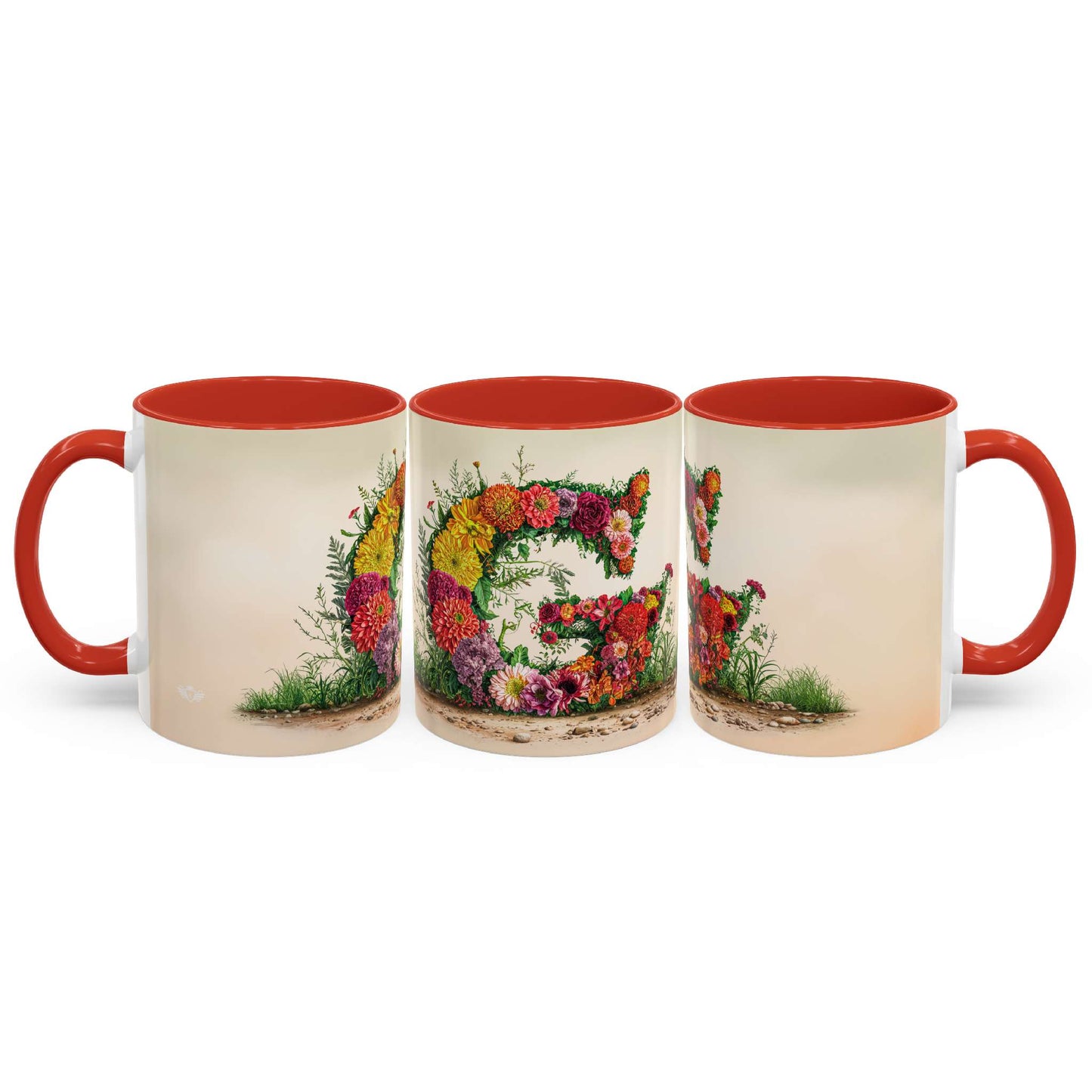 Three mugs with floral designs and red interiors on a white background