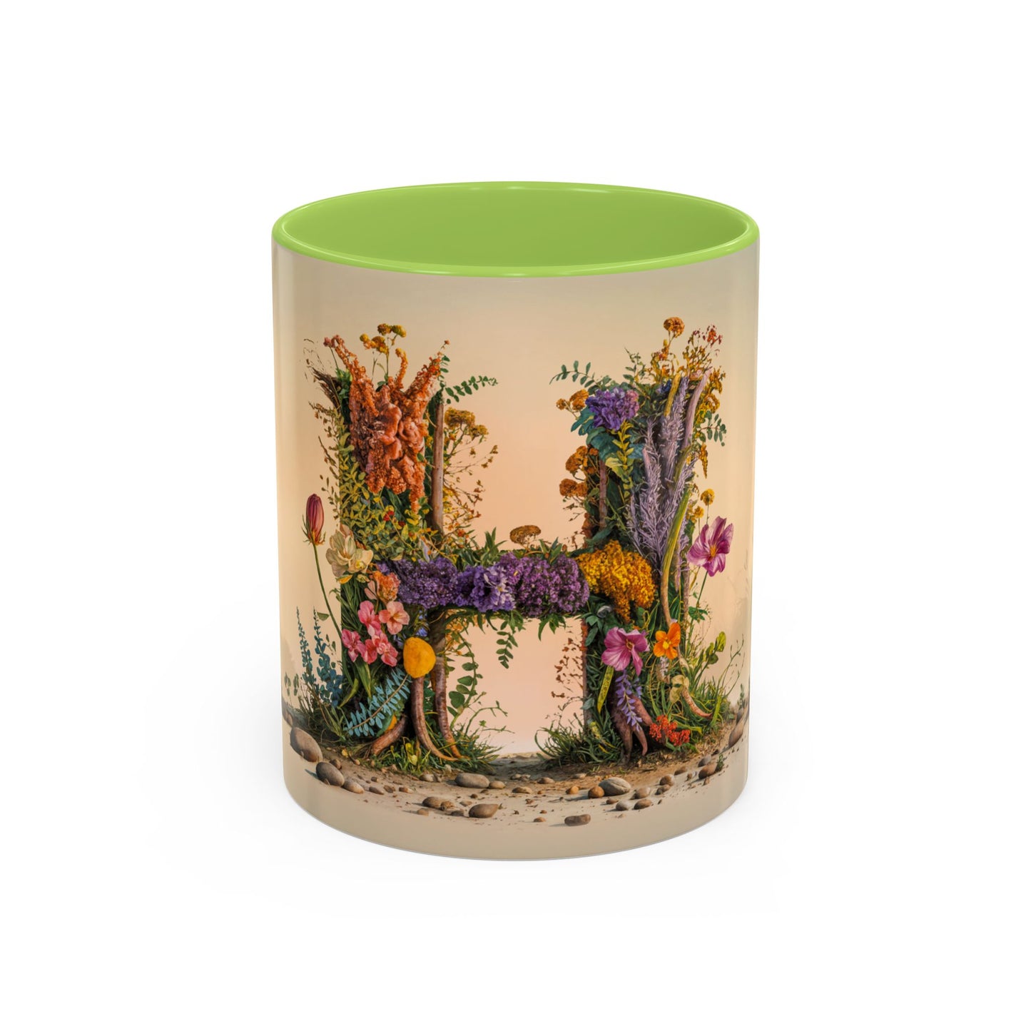 Mug with floral design and green interior on a white background