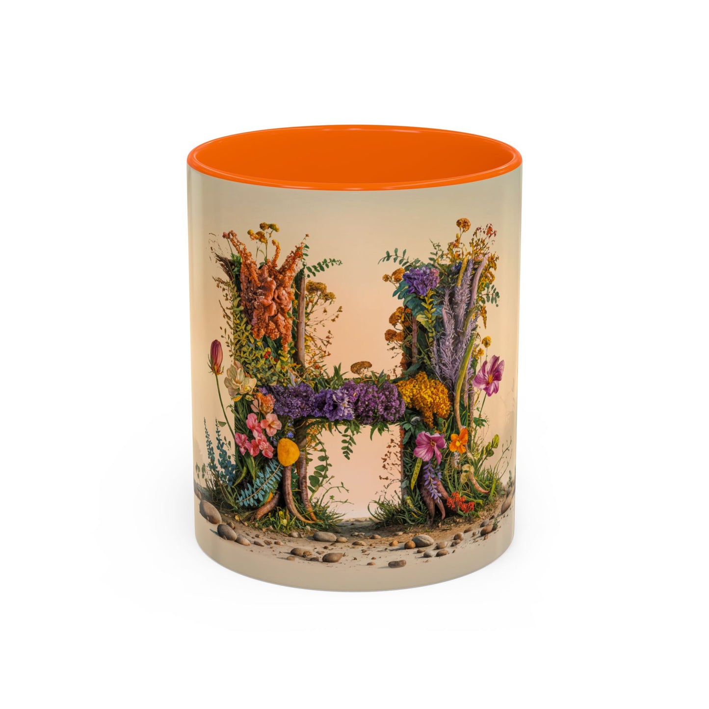 Mug with floral design and orange interior on a beige background
