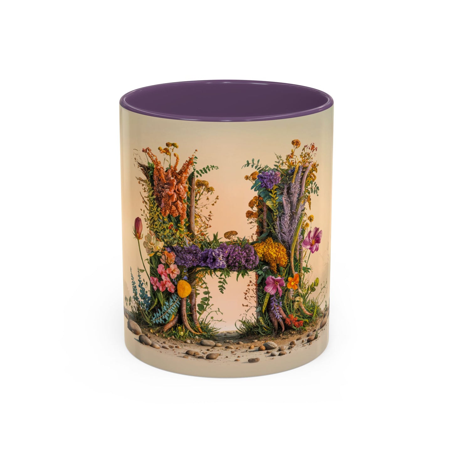 Mug with floral design and letter 'H' on a beige background