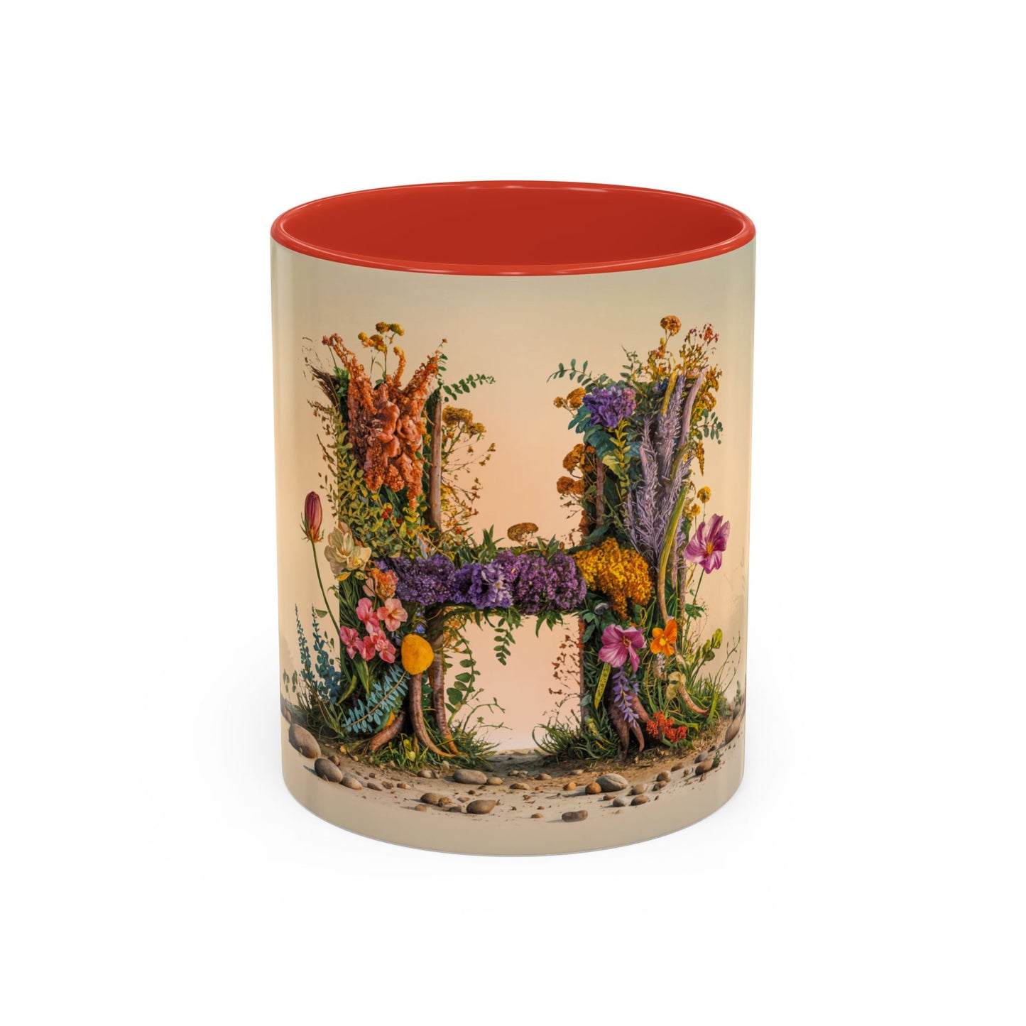 Mug with floral design in the shape of the letter 'H' on a beige background