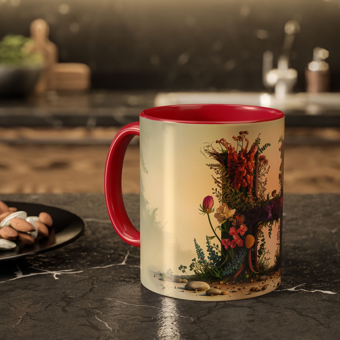 Mug with floral design and red handle on a dark surface