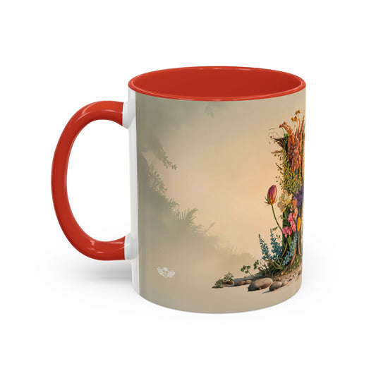 Mug with red interior and handle featuring a nature-themed design on the exterior.