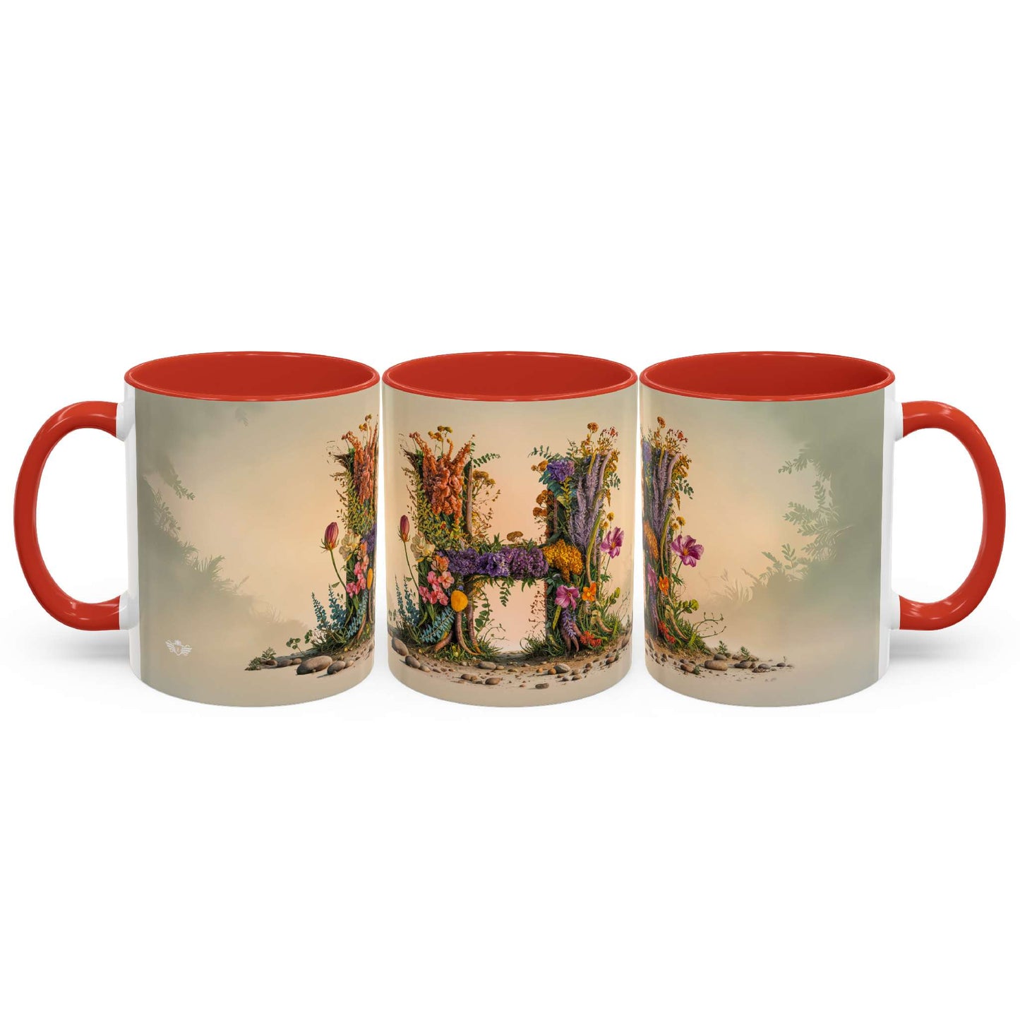 Three mugs with floral designs and red interiors on a white background