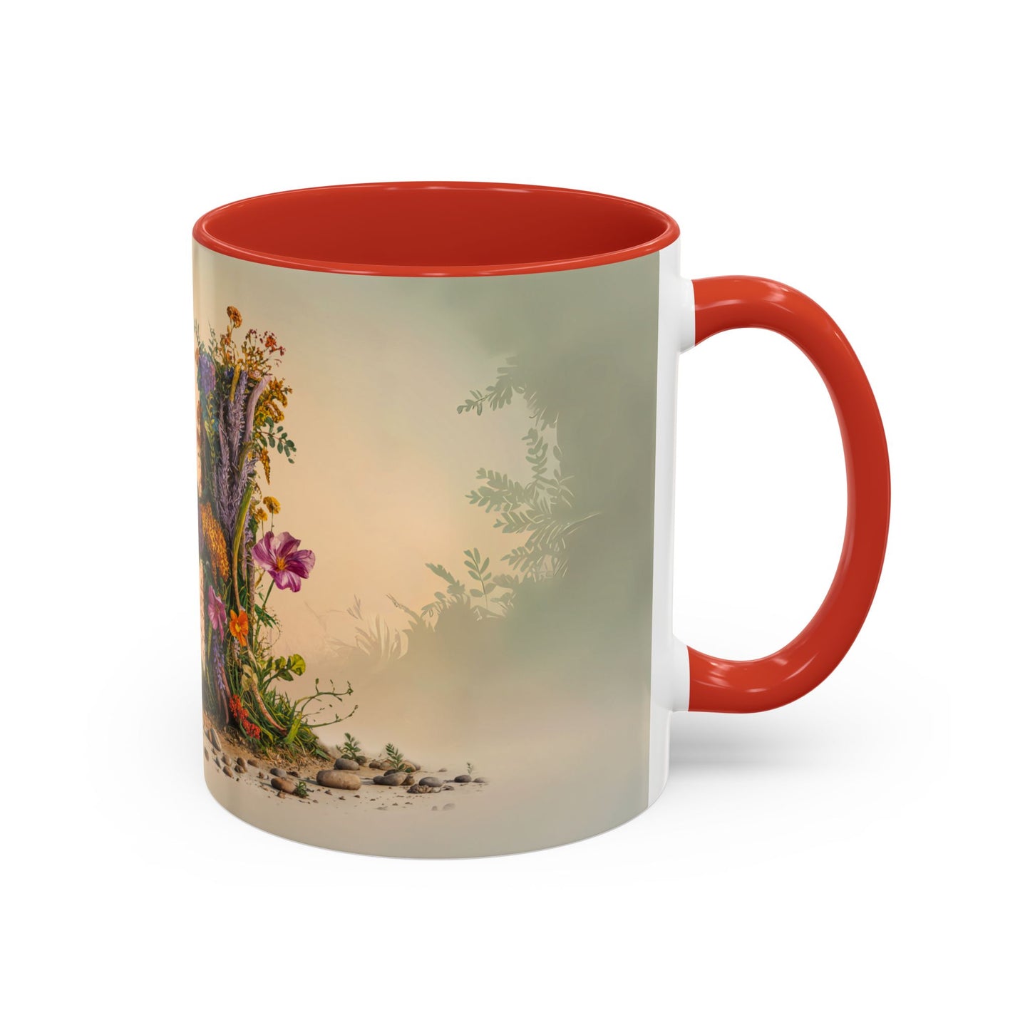 Mug with red interior and handle featuring a nature-themed design on a white background