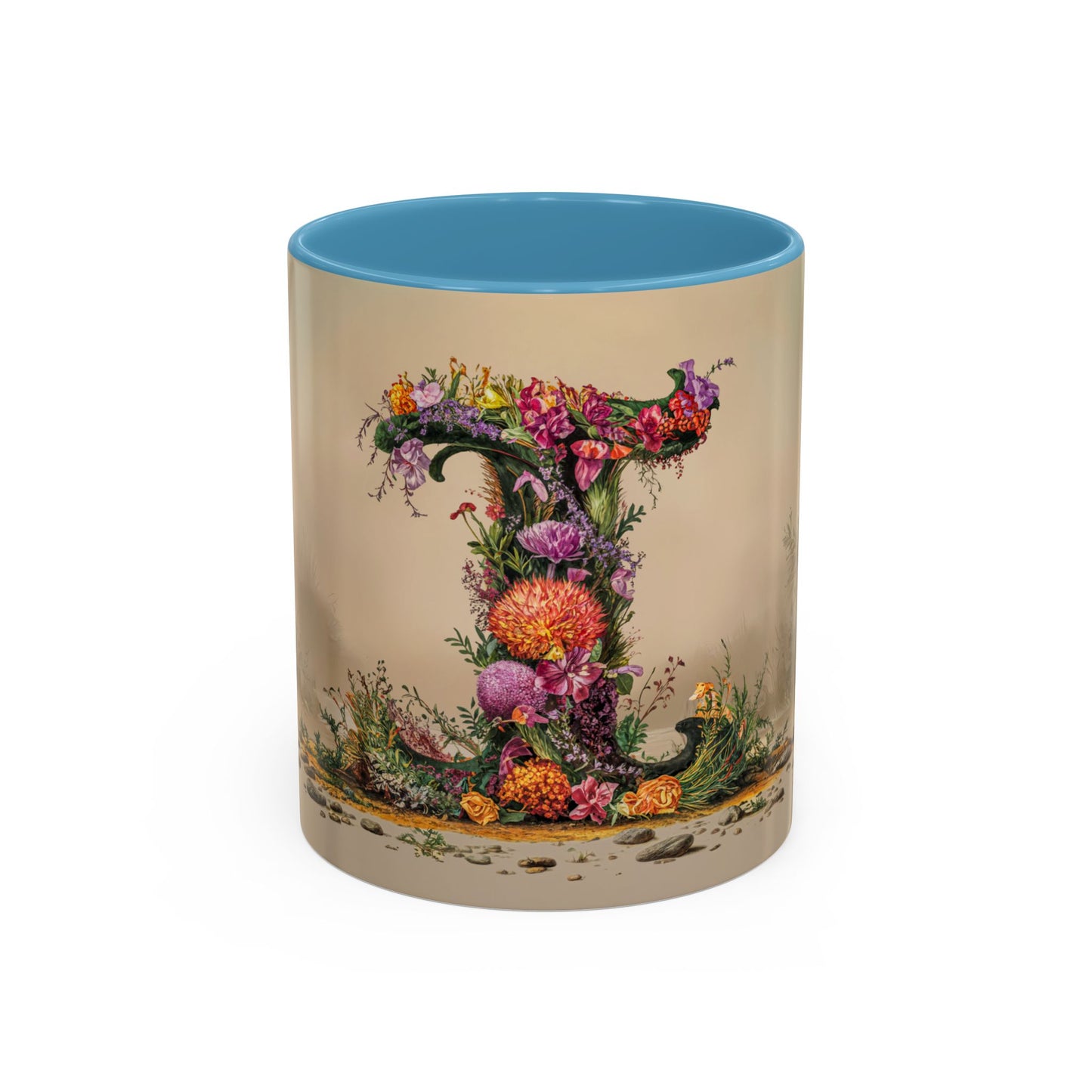 Mug with floral design and blue interior on beige background