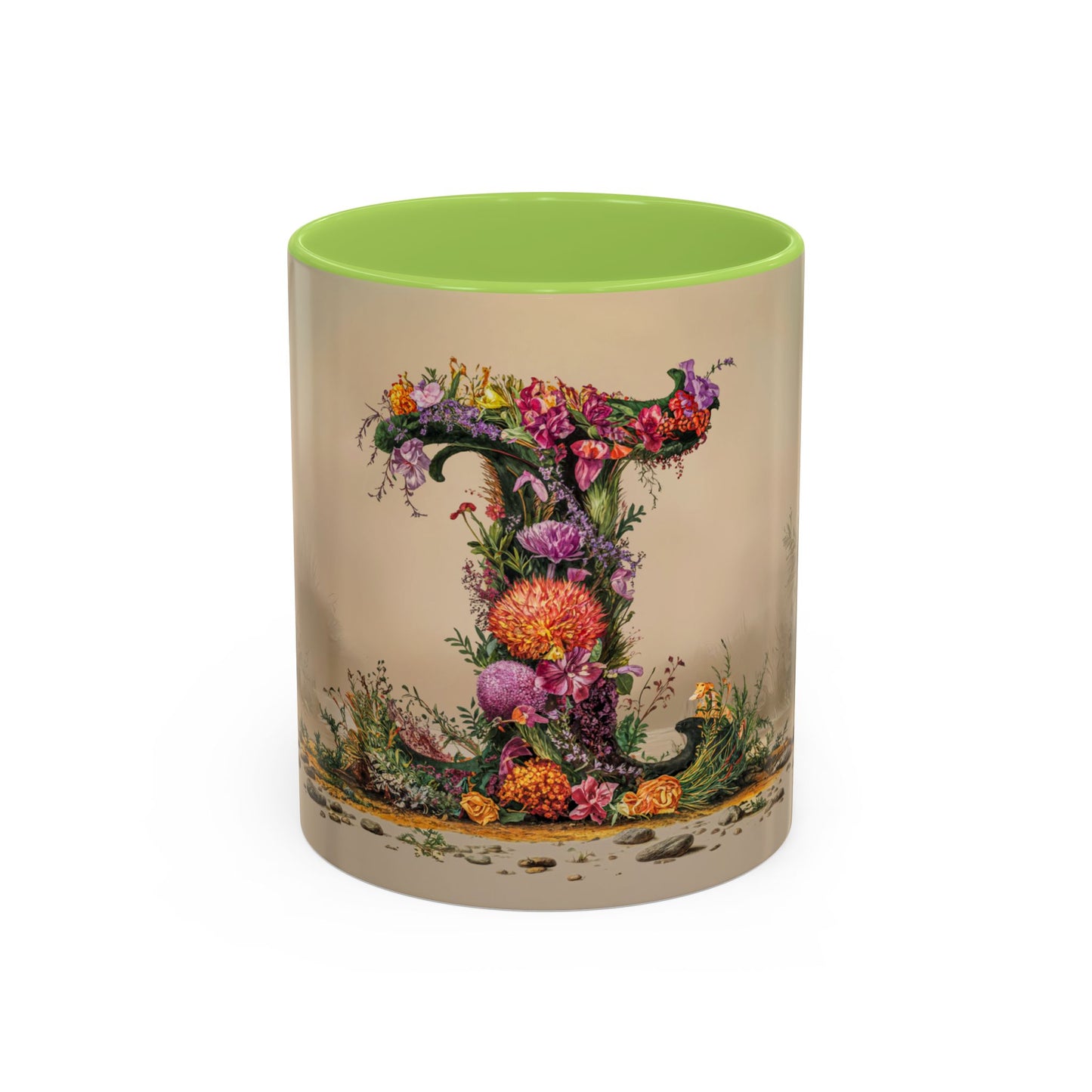 Mug with floral design and green interior on beige background