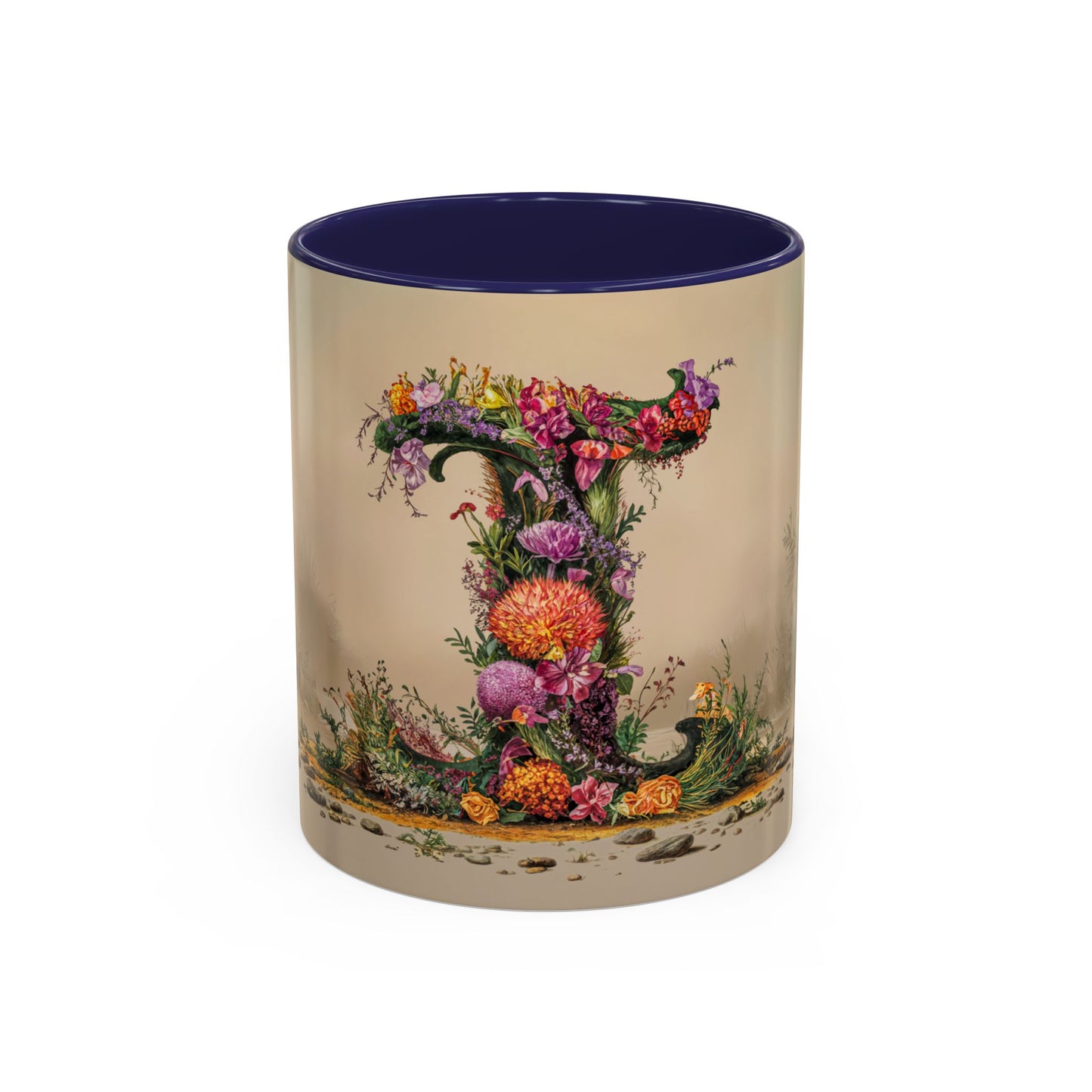 Mug with floral design and blue interior on beige background