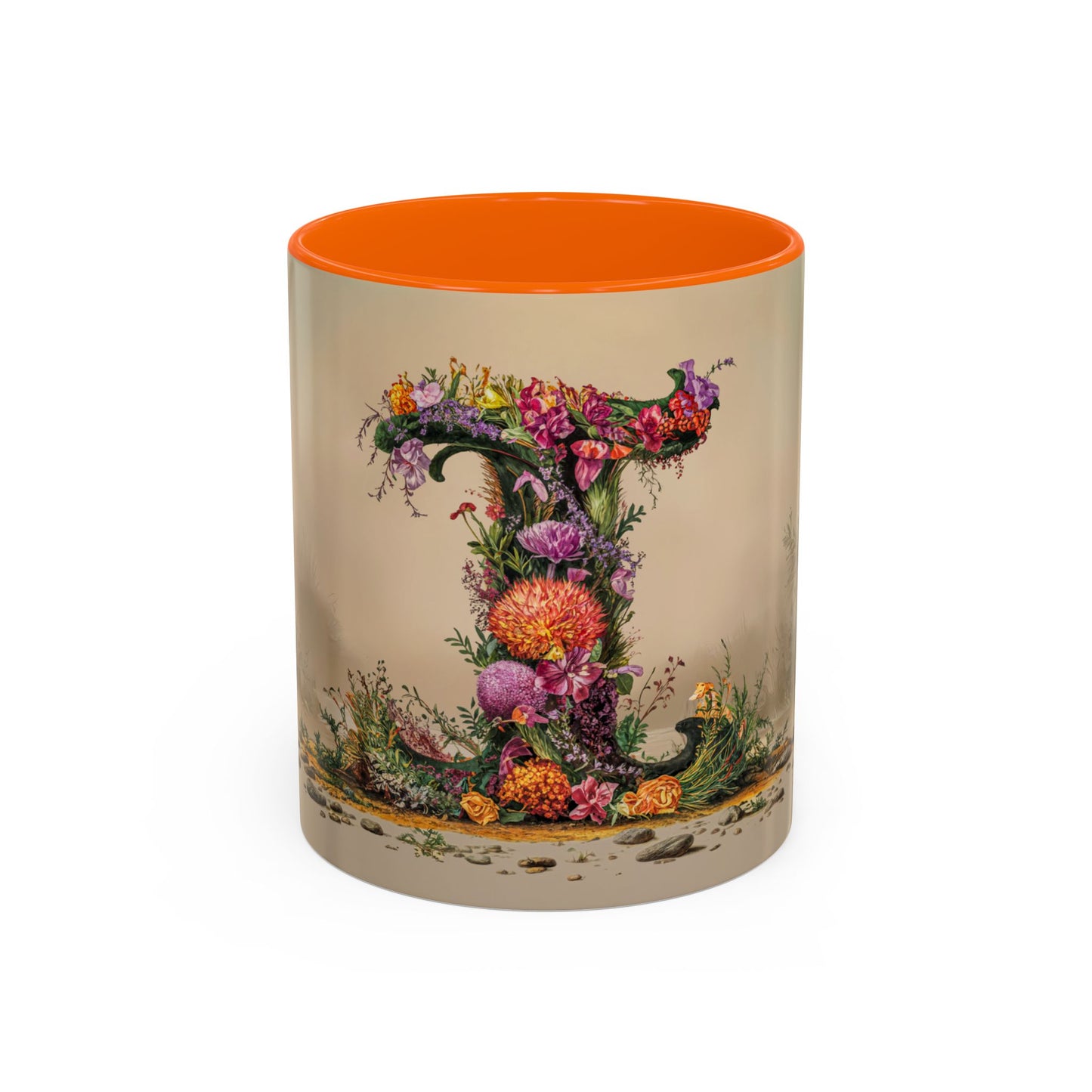 Mug with floral design and orange interior on beige background