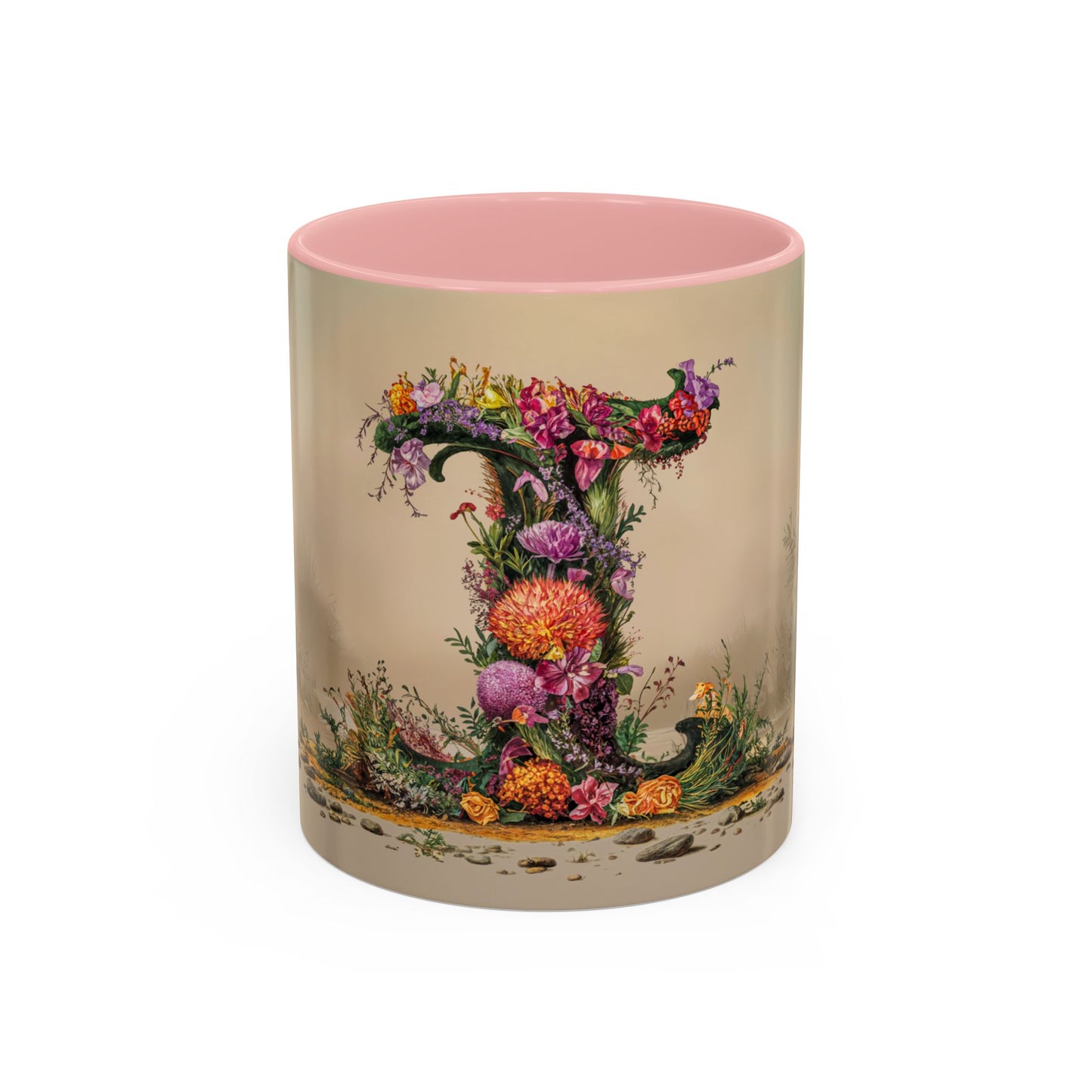 Mug with floral design and pink interior on beige background