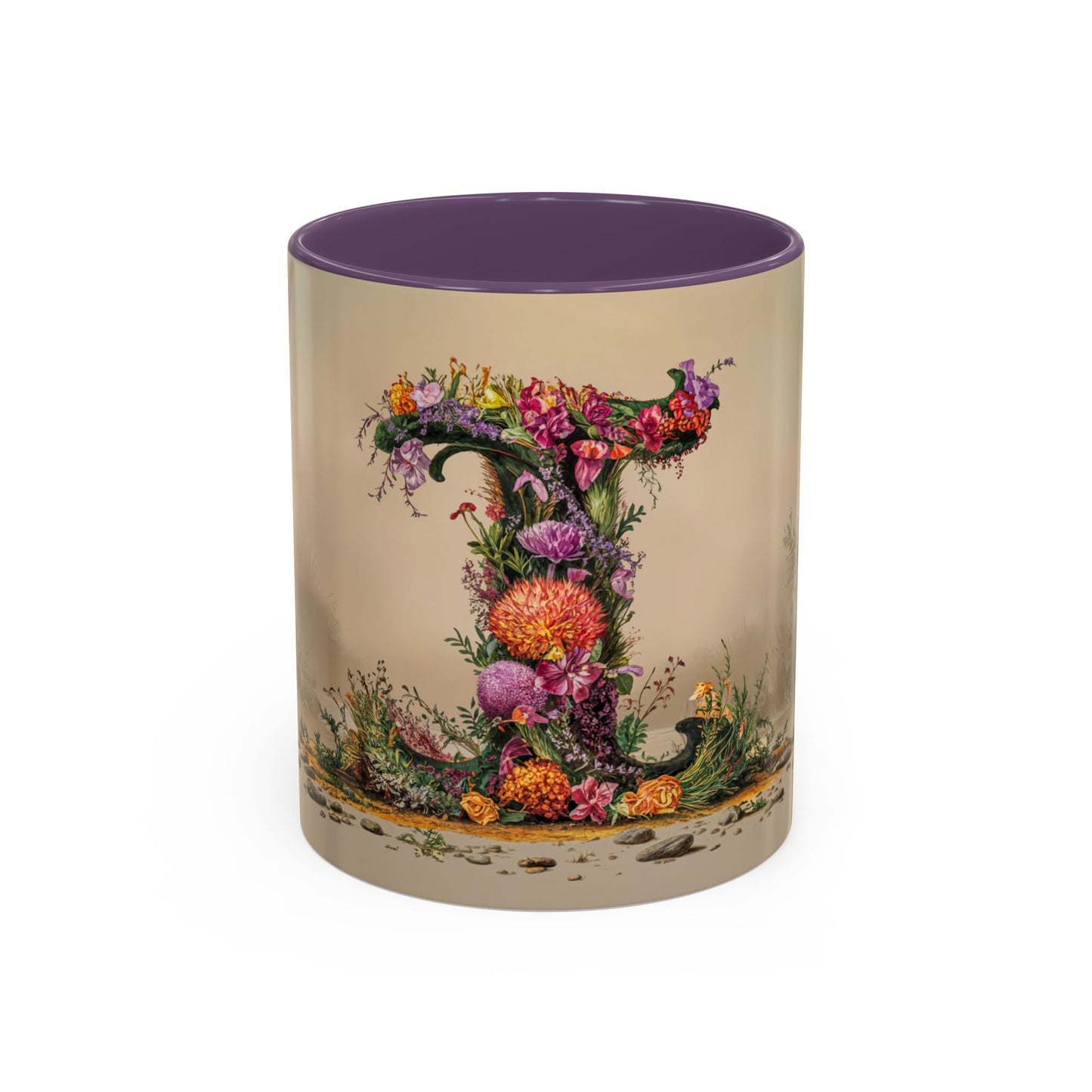 Decorative mug with floral design and purple interior on beige background