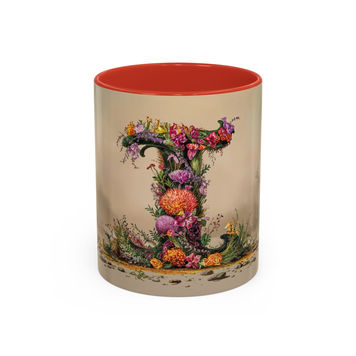 Mug with floral design and red interior on beige background