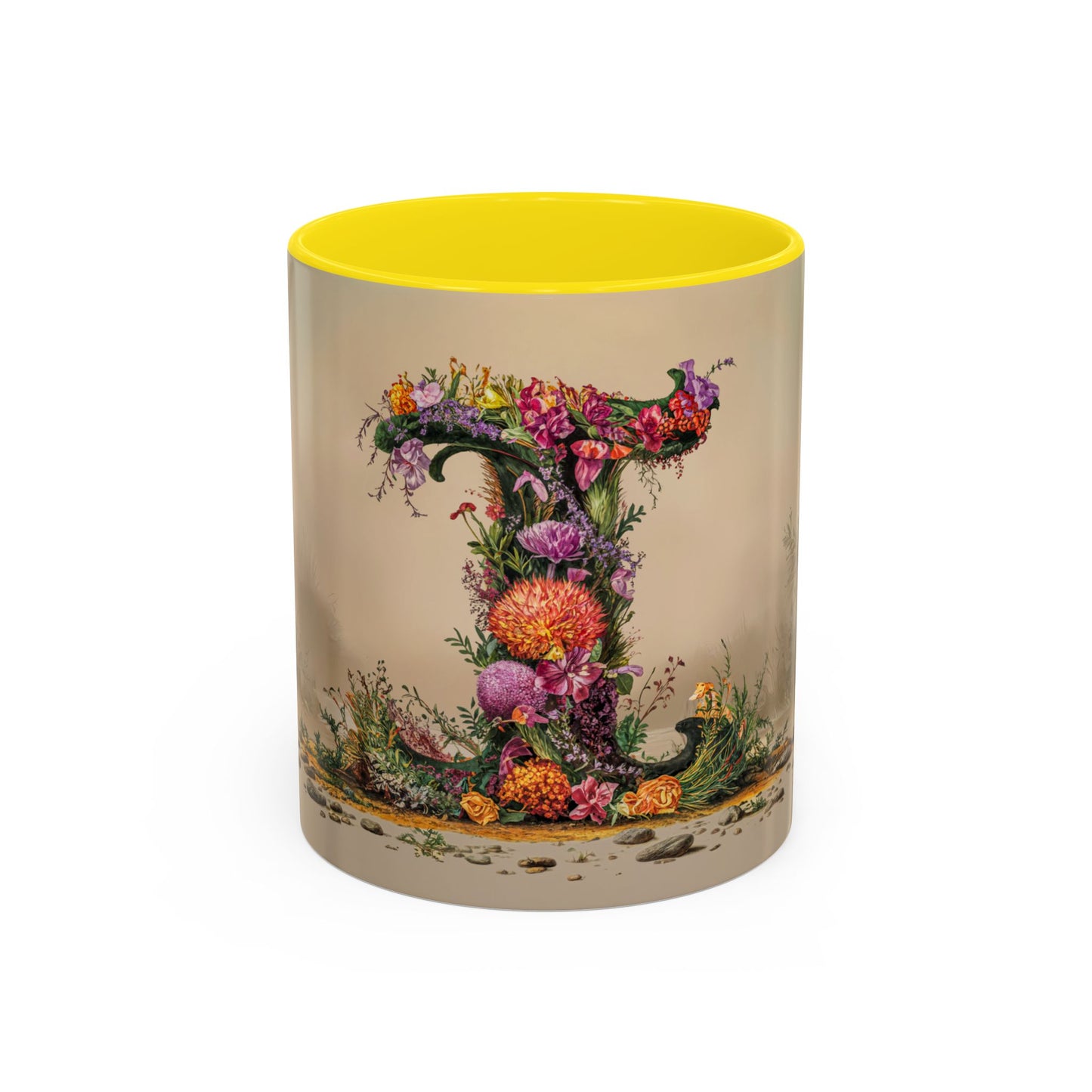 Mug with floral design and yellow interior on beige background