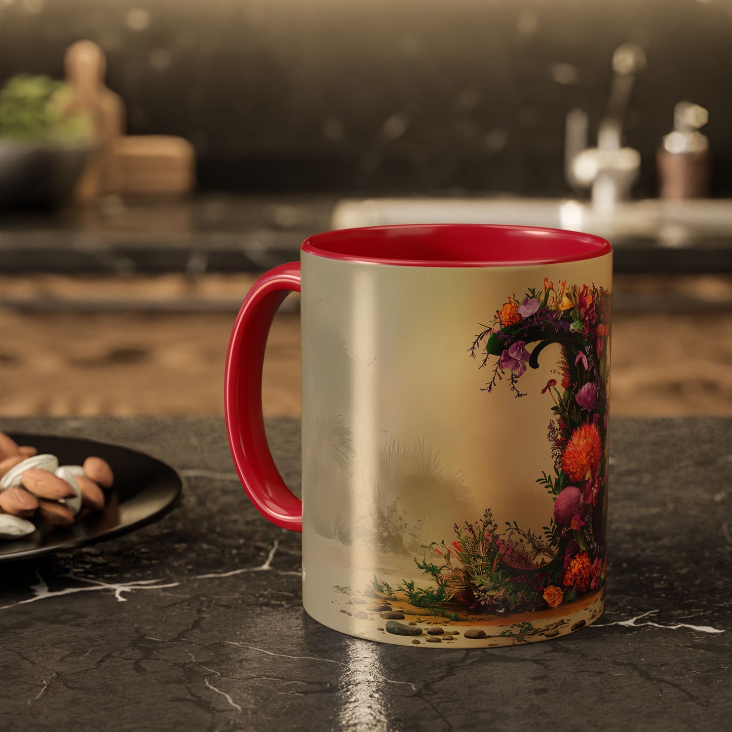 Mug with floral design on a kitchen table