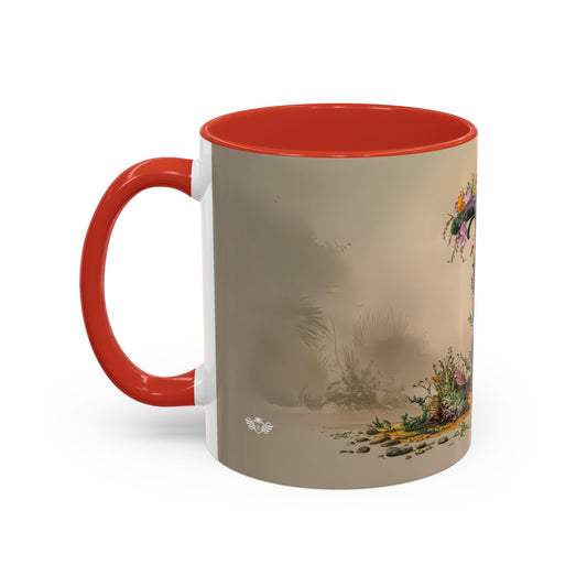 Mug with red interior and handle, featuring nature-themed design on beige background