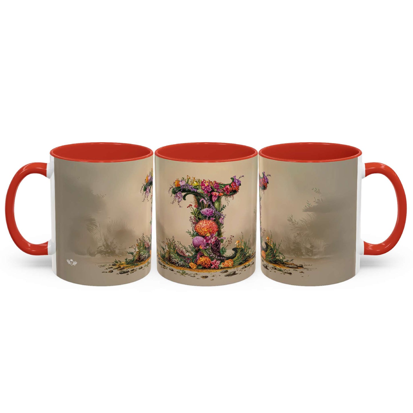 Three mugs with red interior and handle, featuring artistic designs on a beige background.