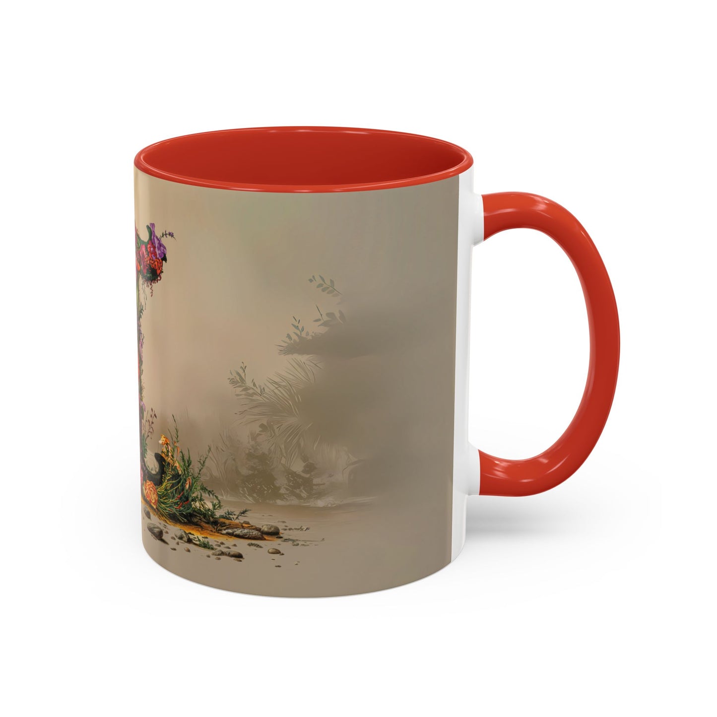 Mug with red interior and handle featuring a nature-themed design on a beige background